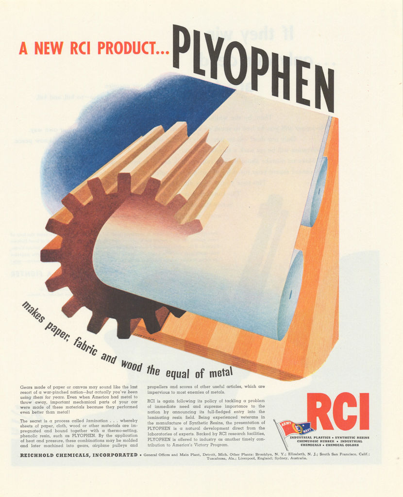 RCI. Plyophen makes paper, fabric & wood the equal of metal. Advert 1943 print