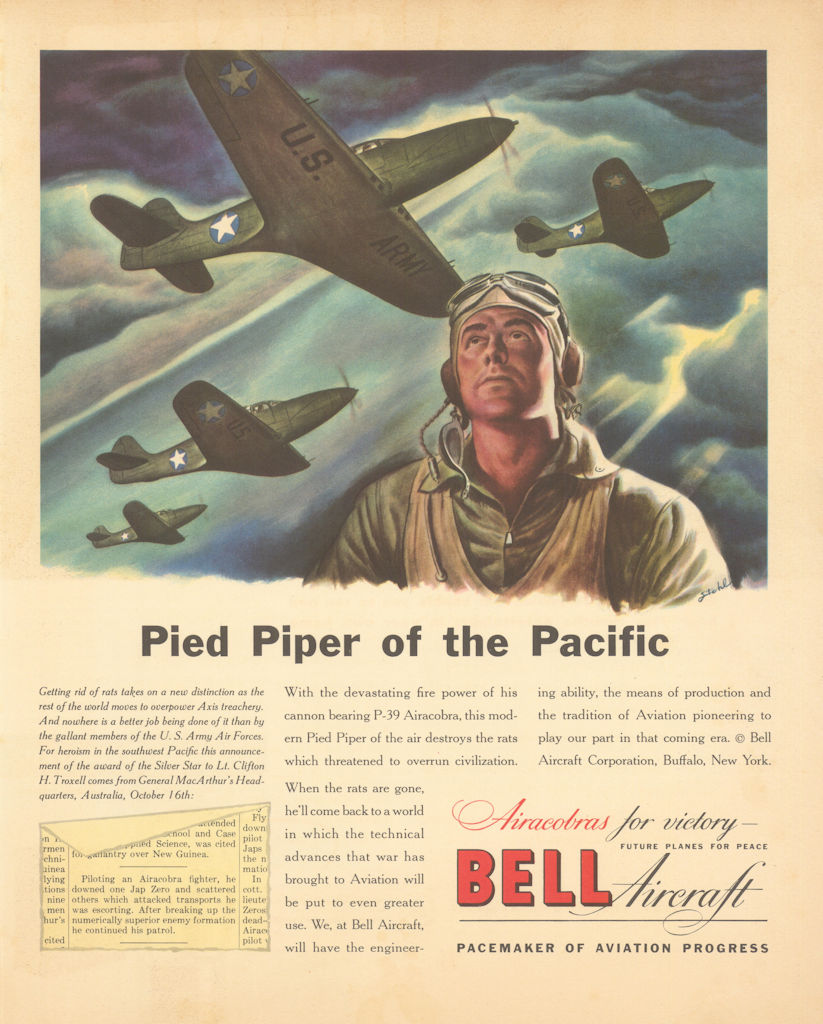 Bell Aircraft - Pied Piper of the Pacific - Airacobras for victory. Advert 1943