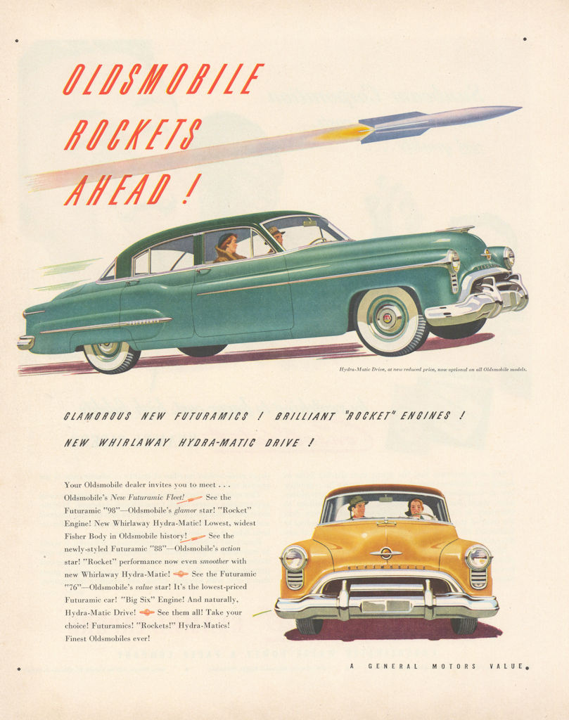 Oldsmobile - Rockets Ahead! Glamorous New Futuramics! Advert 1950 print