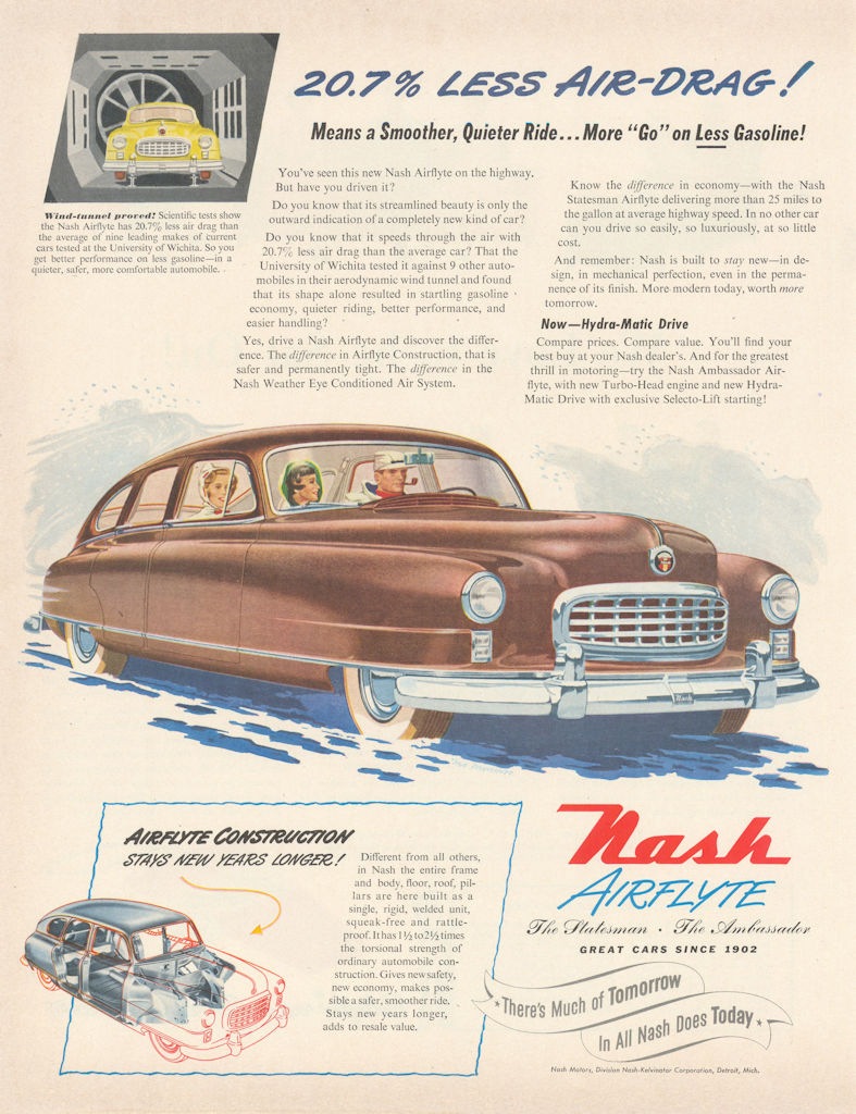 Nash Airflyte - 20.7% Less Air-Drag! Means a Smoother, Quieter Ride… Advert 1950