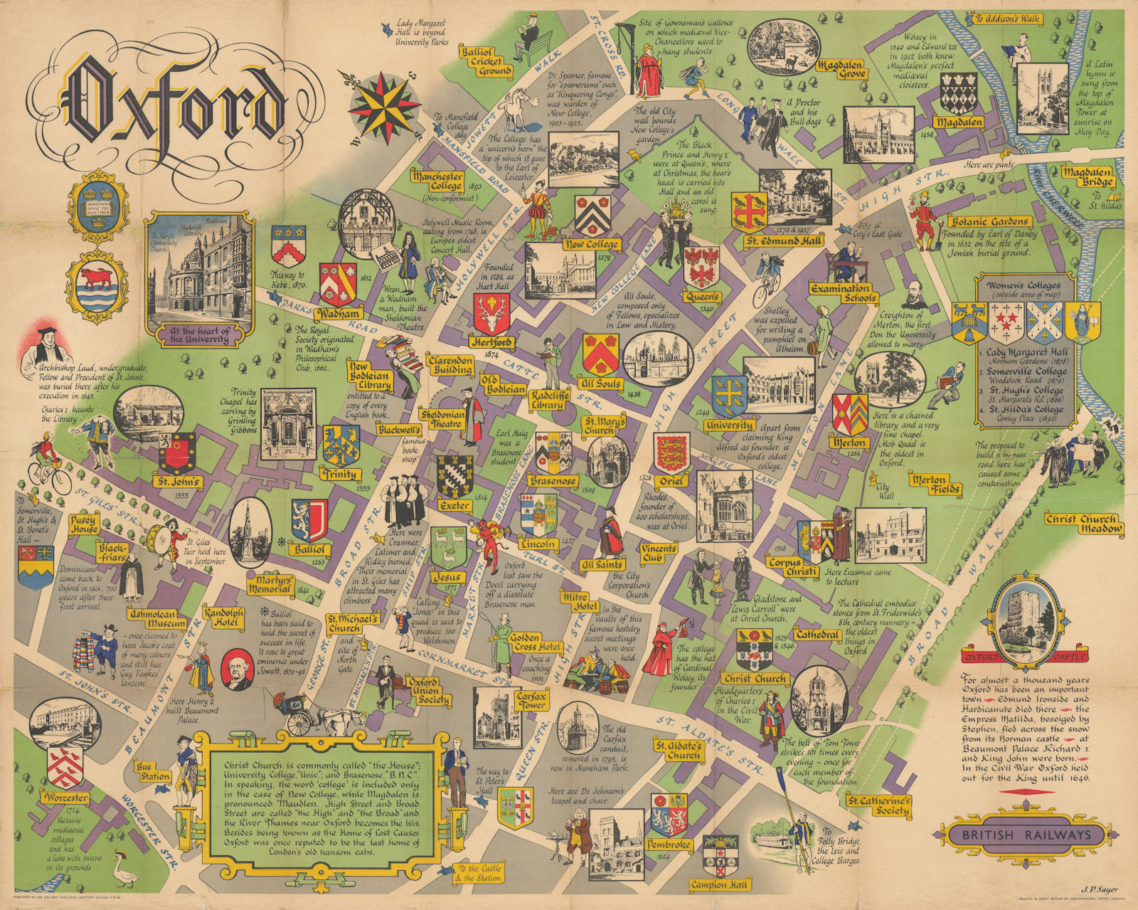 Oxford University pictorial poster map by J.P. Sayer 101x126cm 1949 old