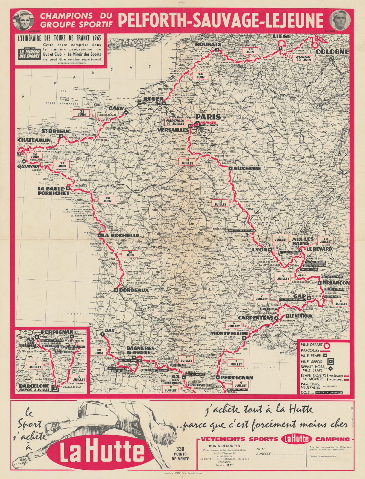 L'Itinéraire des Tours de France - Le Miroir des Sports. Route map 60x45cm 1965