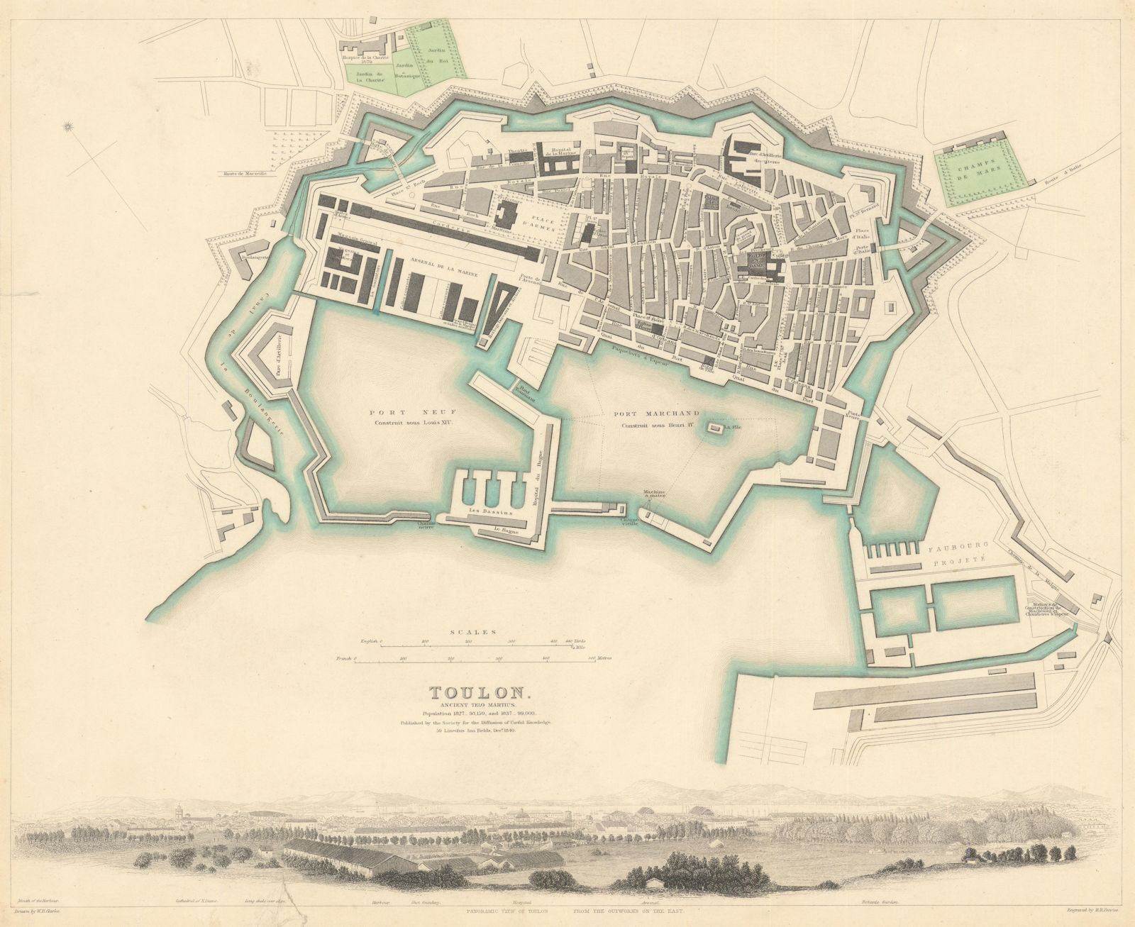 TOULON antique town city map plan. Telo Martius. Panorama view. SDUK 1840