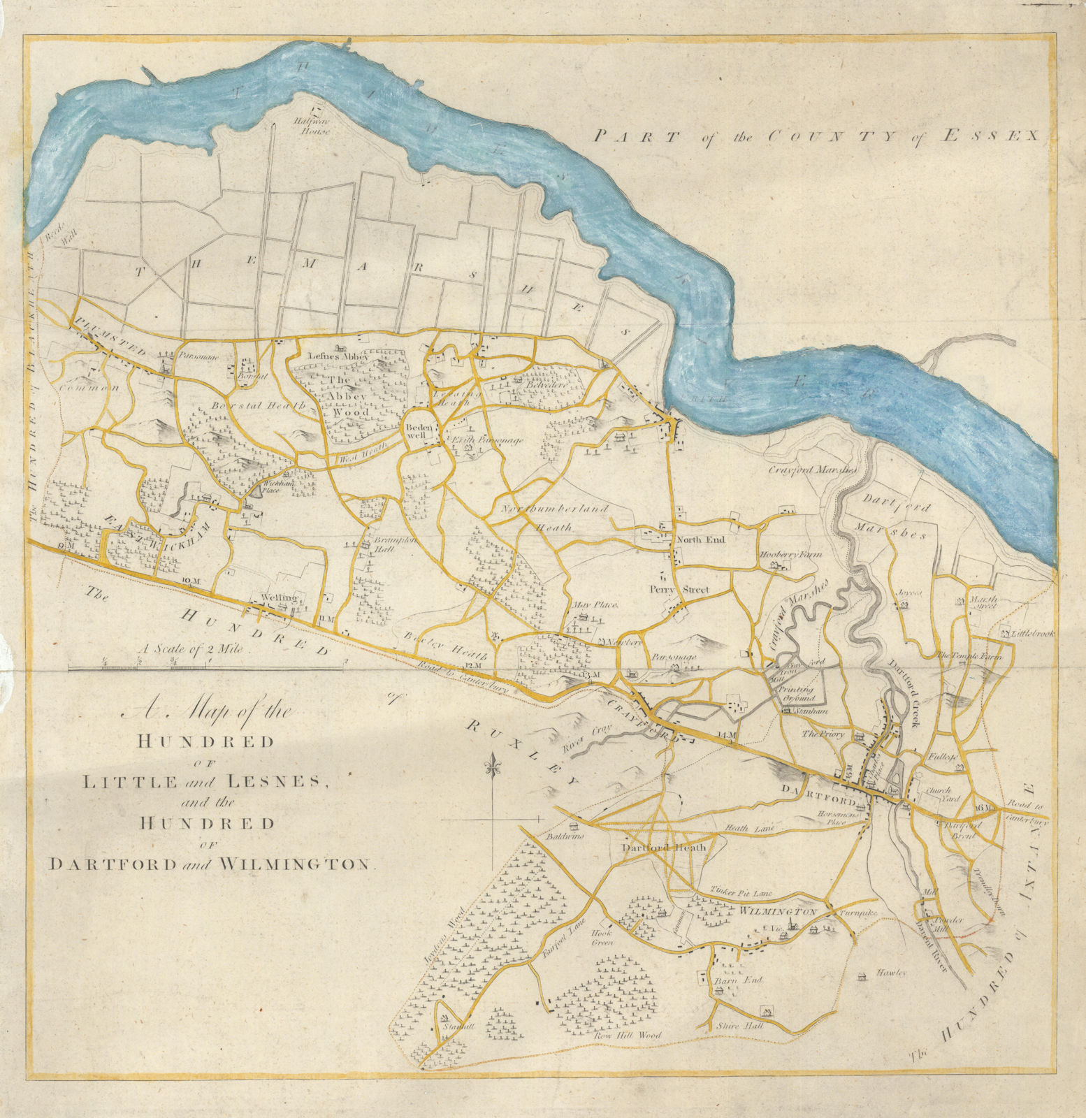 The Hundreds of Little & Lesnes and Dartford & Wilmington. Kent. HASTED 1788 map