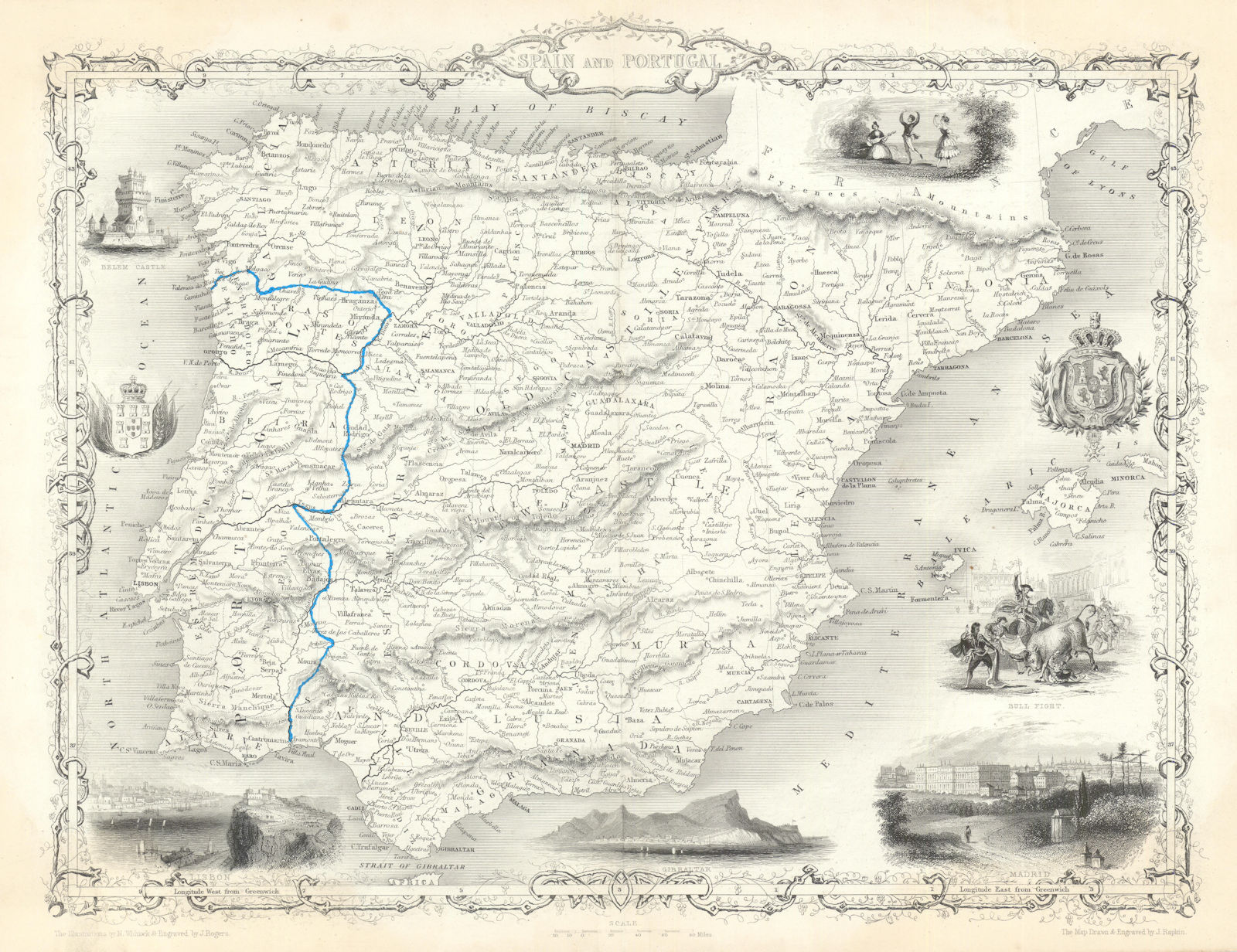 SPAIN & PORTUGAL. Madrid Lisbon Gibraltar views. Iberia RAPKIN/TALLIS c1855 map