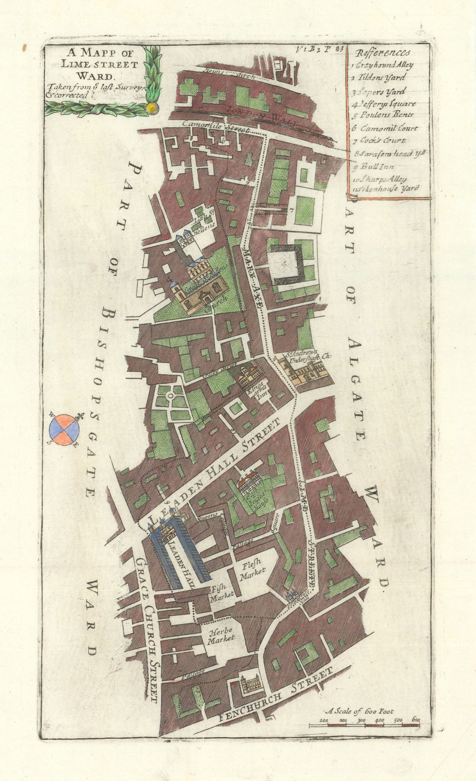 'Lime Street Ward'. Leadenhall/Gracechurch St. City/London. STOW/STRYPE 1720 map