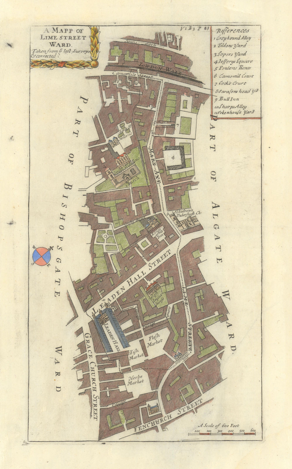 'Lime Street Ward'. Leadenhall/Gracechurch St. City/London. STOW/STRYPE 1720 map