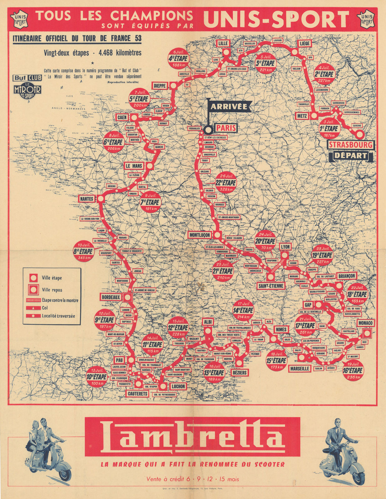 L'Itinéraire du Tour de France - Le Miroir des Sports. Cycling route map 1953