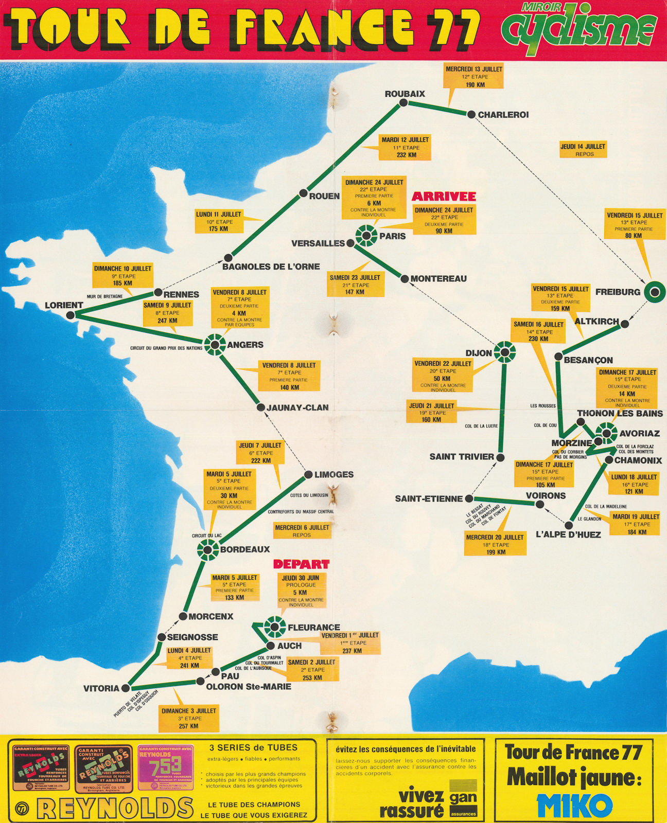 Tour de France - Miroir du Cyclisme. Cycling route poster map 58x47cm 1977