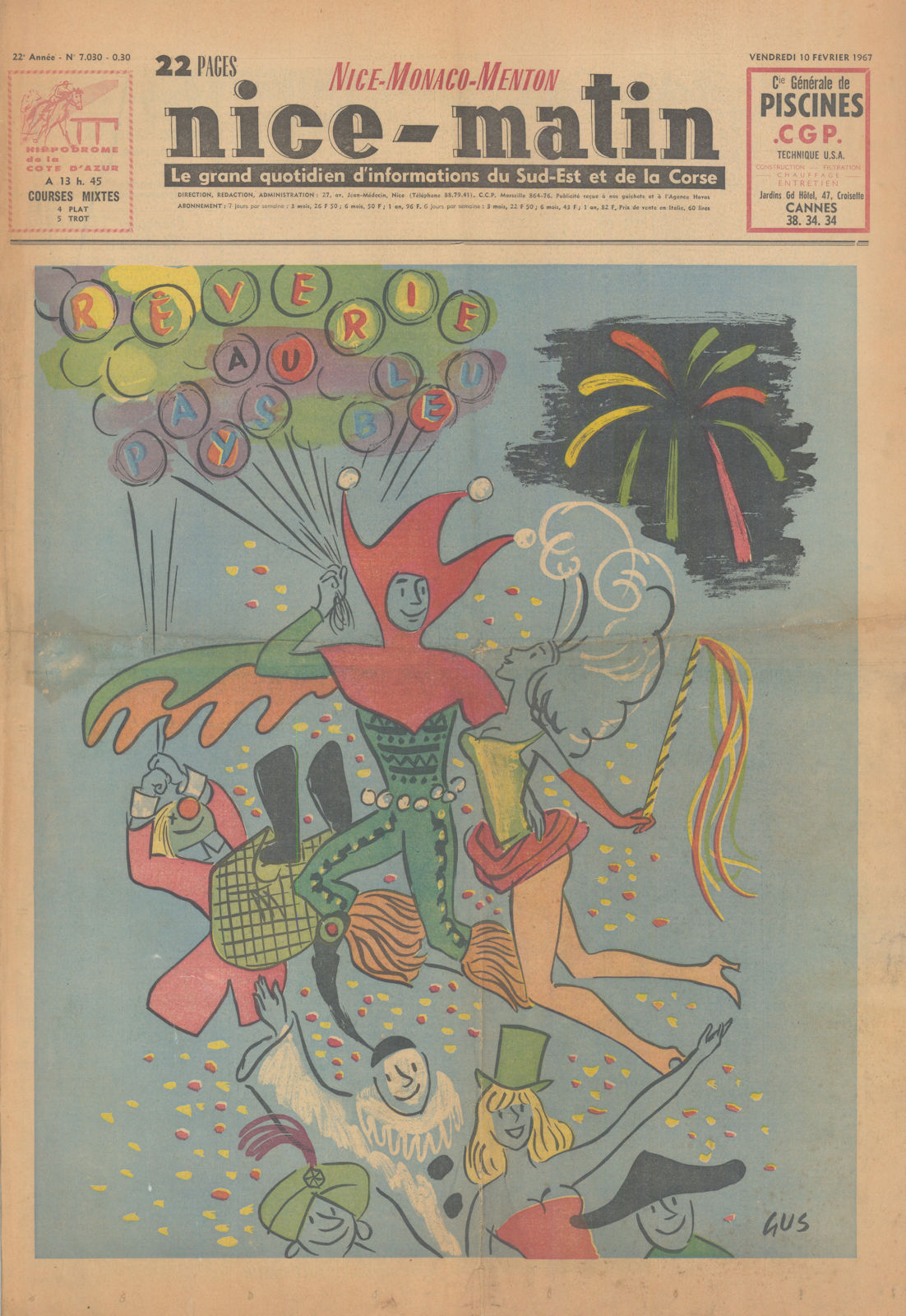 Nice-Matin newspaper cover - Rêverie au Pays Bleu - Carnaval Carnival 1967