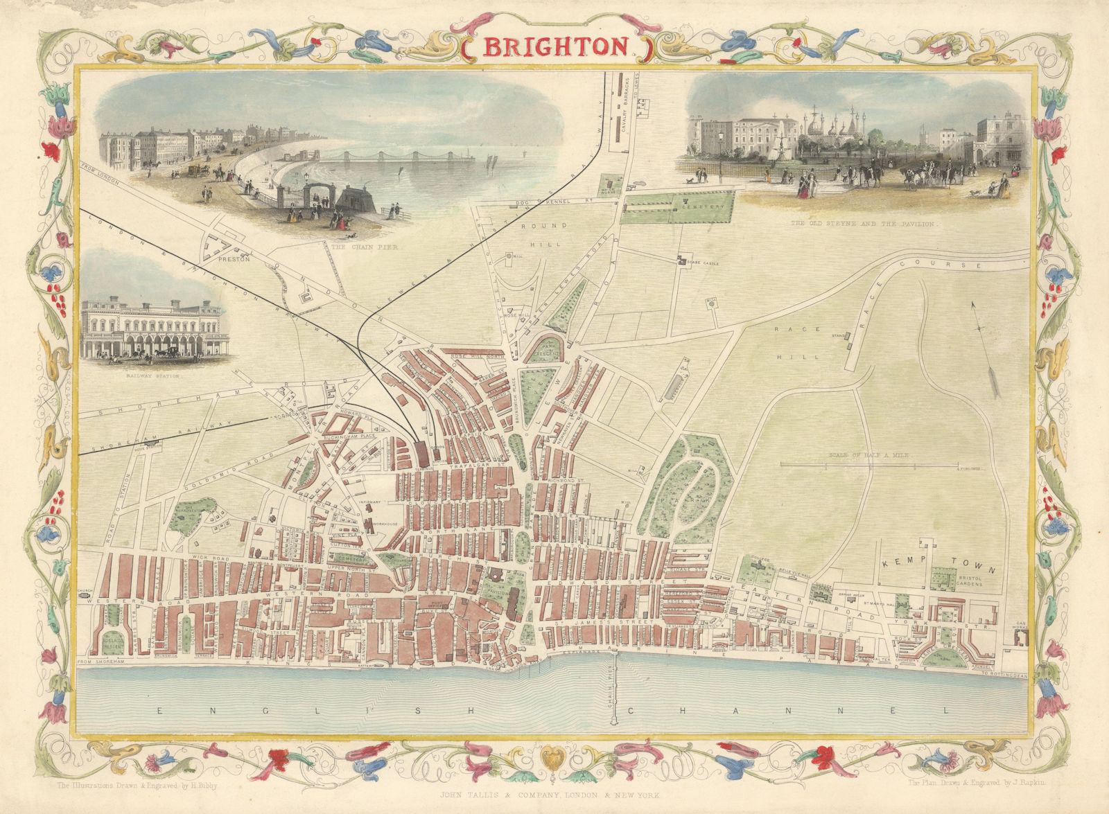 Brighton town/city plan by TALLIS & RAPKIN c1851 old antique map chart