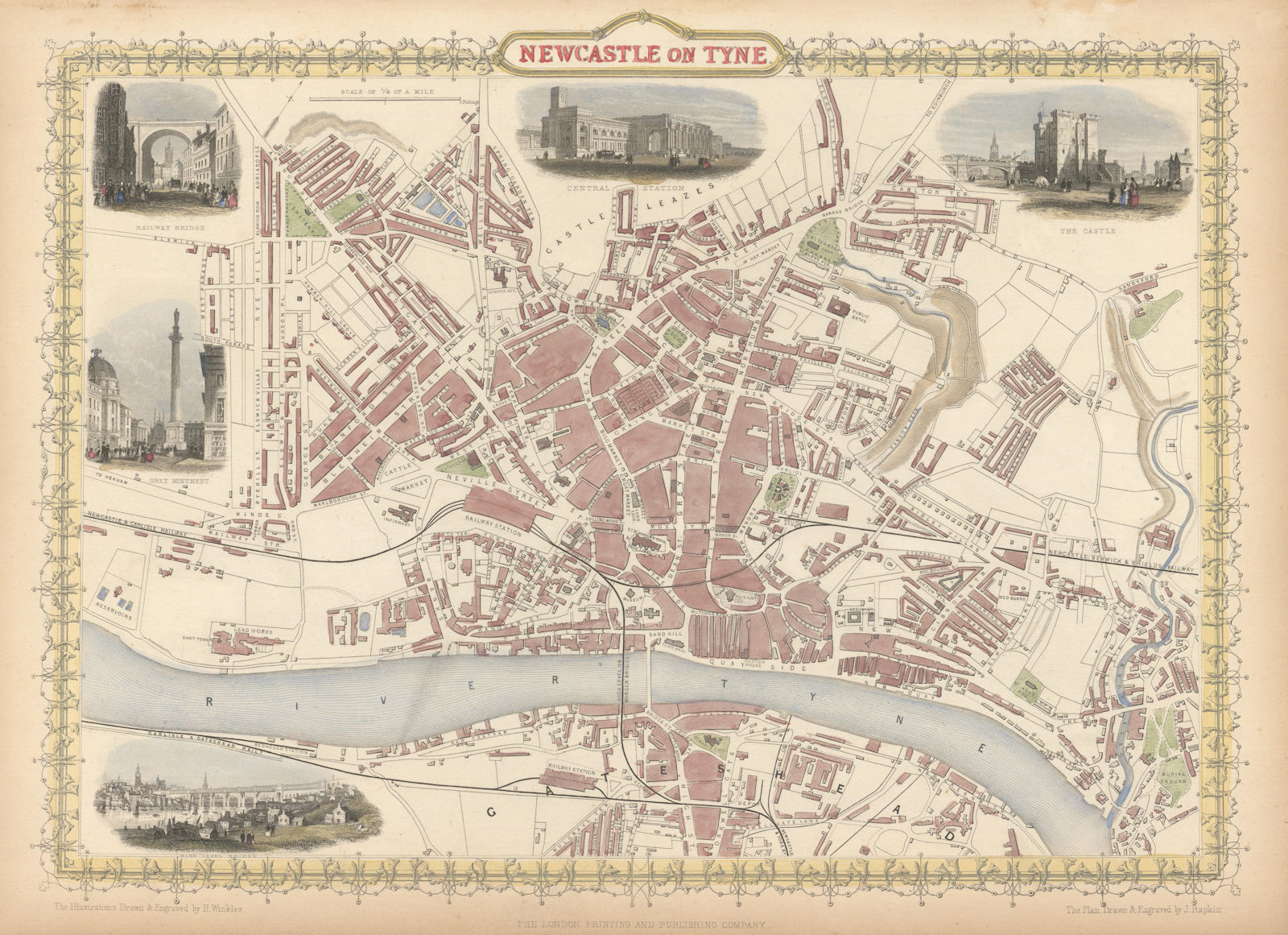 Newcastle on Tyne town/city plan by TALLIS & RAPKIN c1851 old antique map