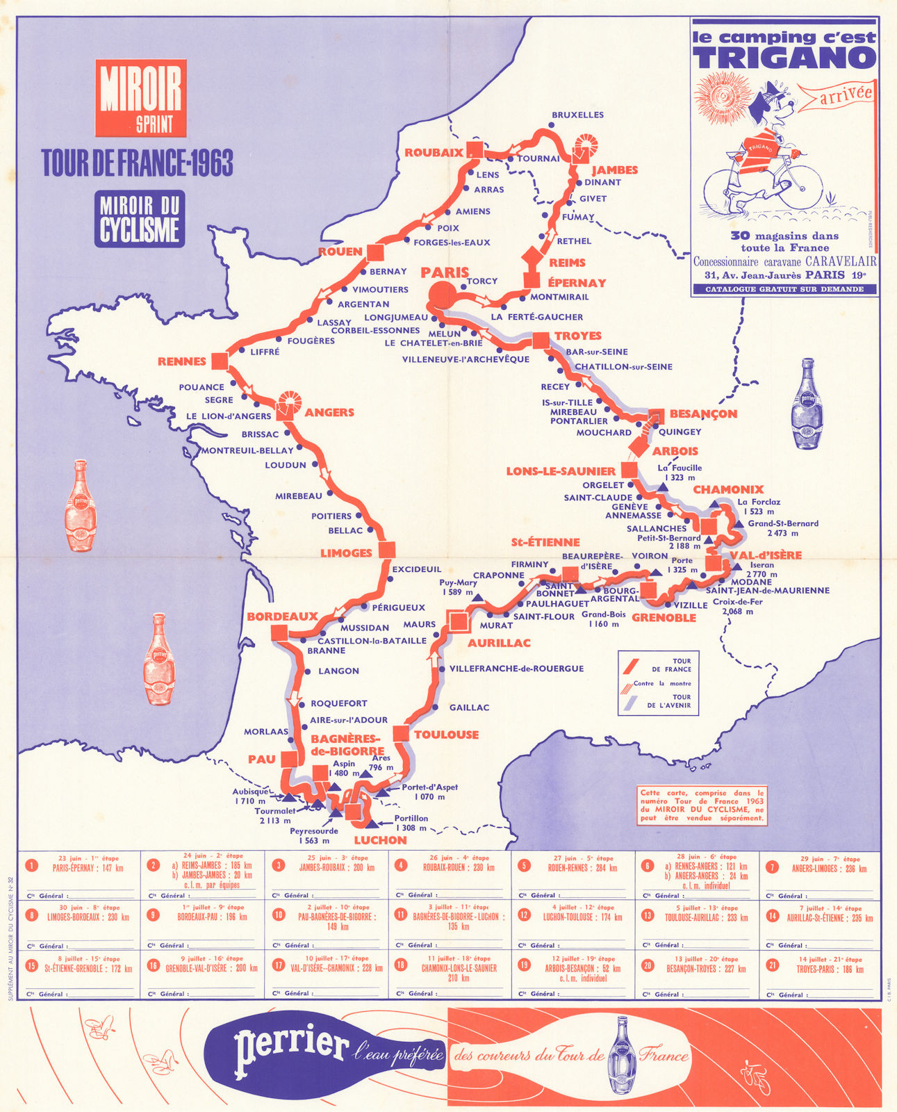 Tour de France - Miroir du Cyclisme. Cycling route poster map 60 x 50 cm 1963