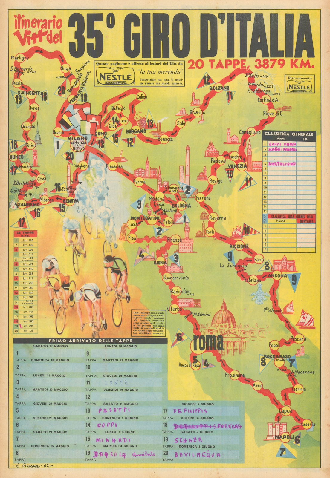 Itinerario Vitt del 35° Giro d'Italia. Carta. Cycling route map. C. Caesar 1952