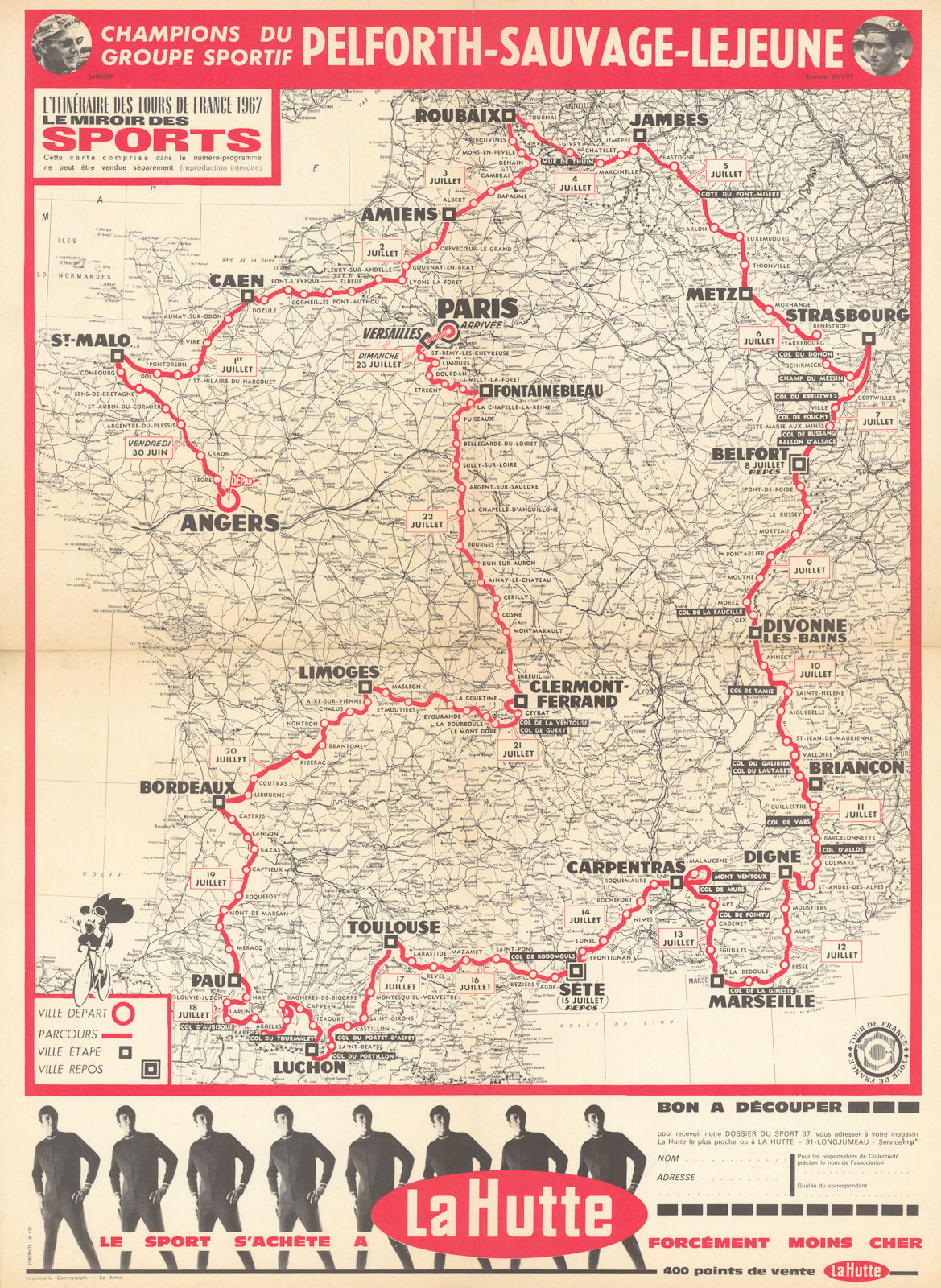 L'Itinéraire des Tours de France - Le Miroir des Sports. Route map 61x45cm 1967