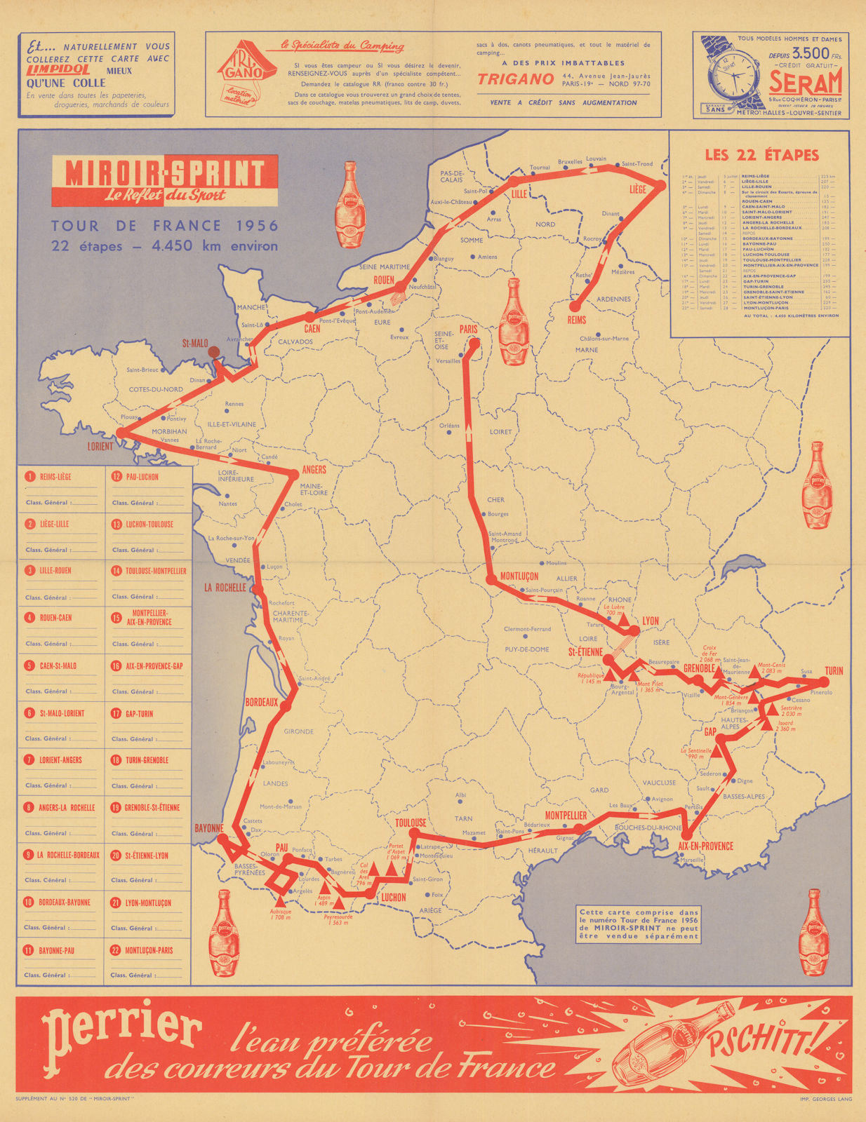 L'Itinéraire du Tour de France - Miroir-Sprint. Cycling route map 1956 old