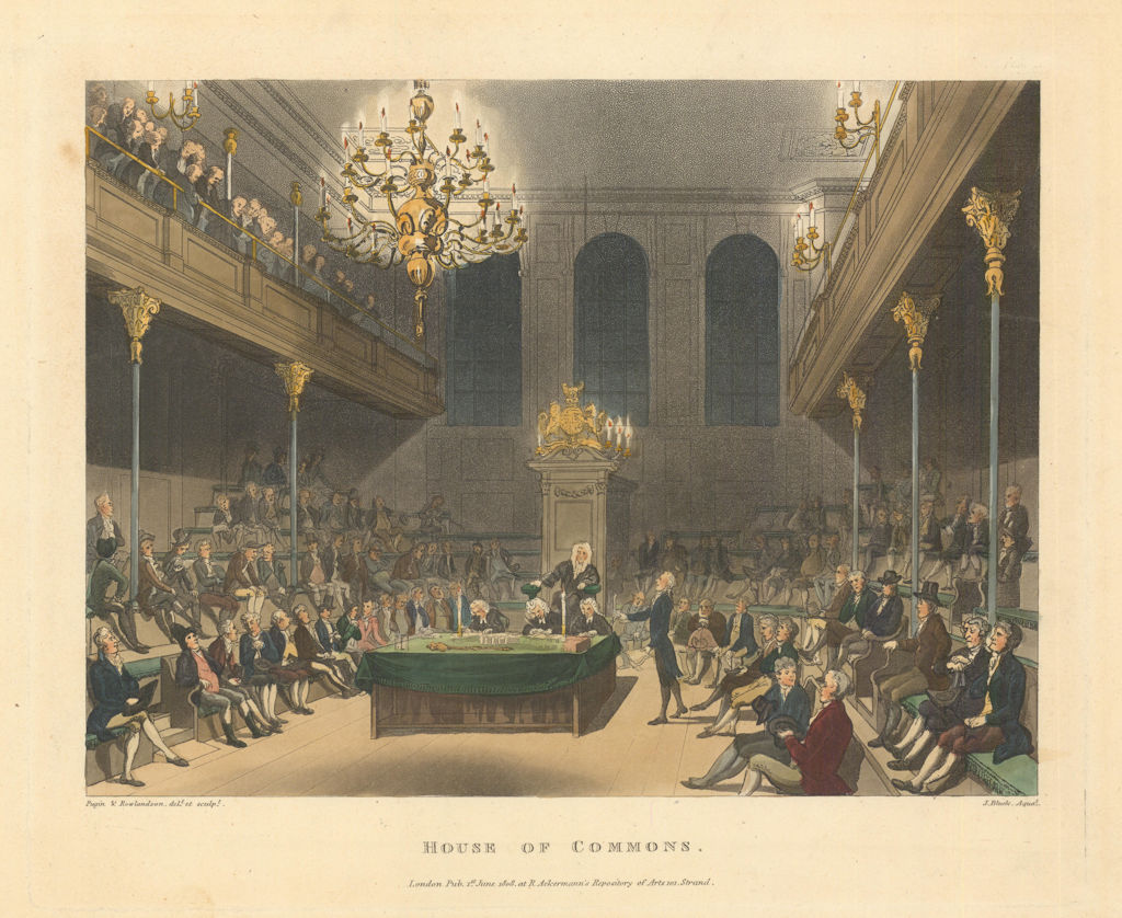 House of Commons. Aquatint by Pugin/Rowlandson/Ackermann 1808 old print