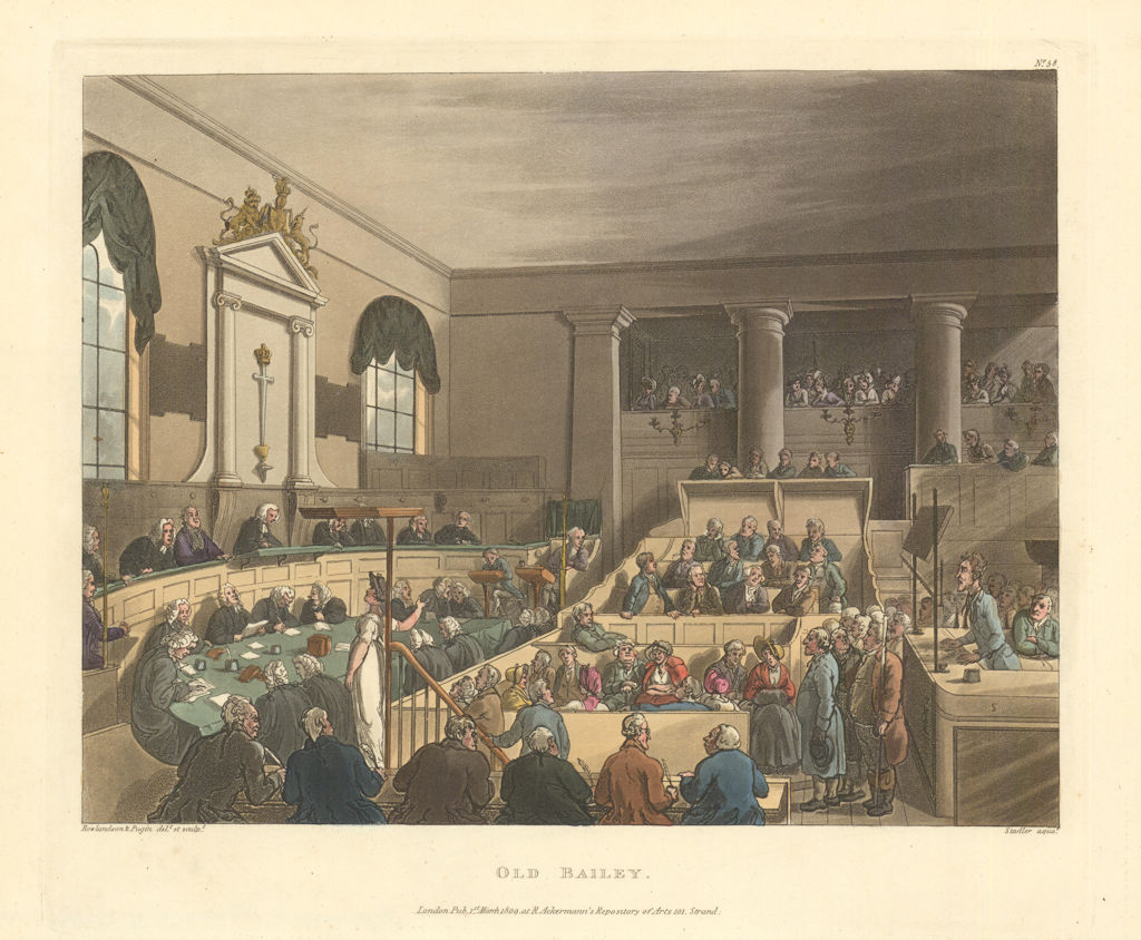 Old Bailey. Aquatint by Pugin/Rowlandson/Ackermann 1808 antique print