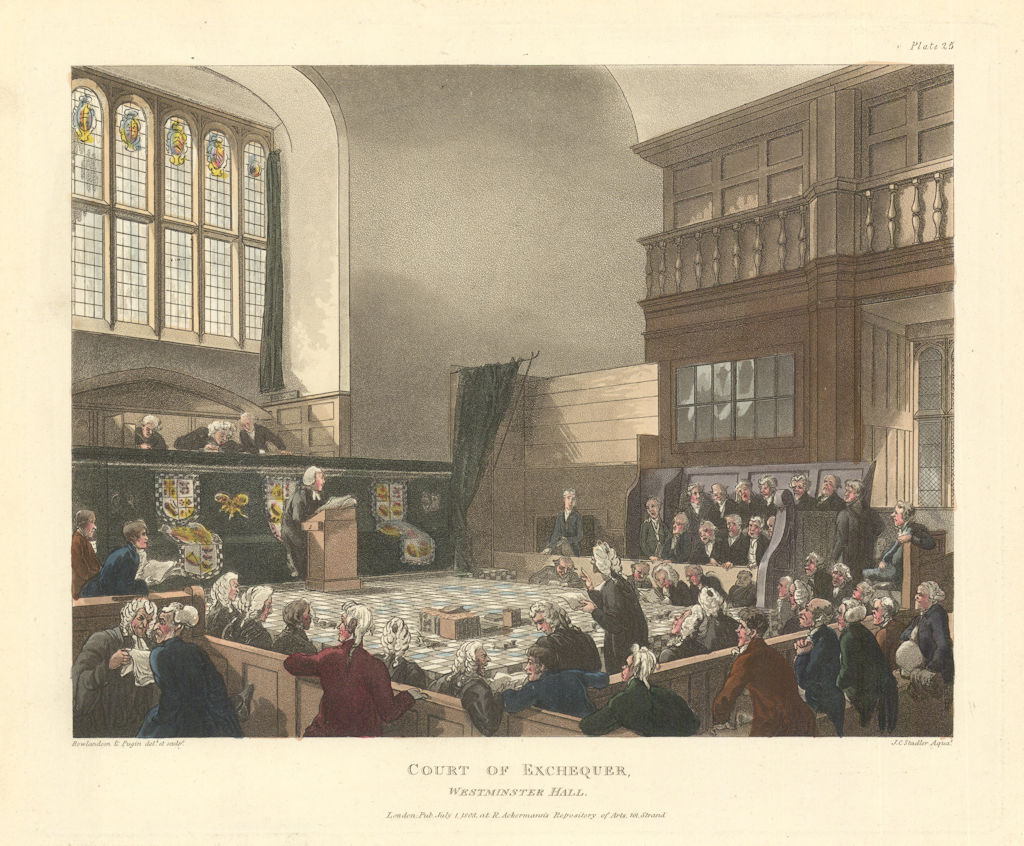 Court of Exchequer, Westminster Hall. Pugin/Rowlandson/Ackermann aquatint 1808