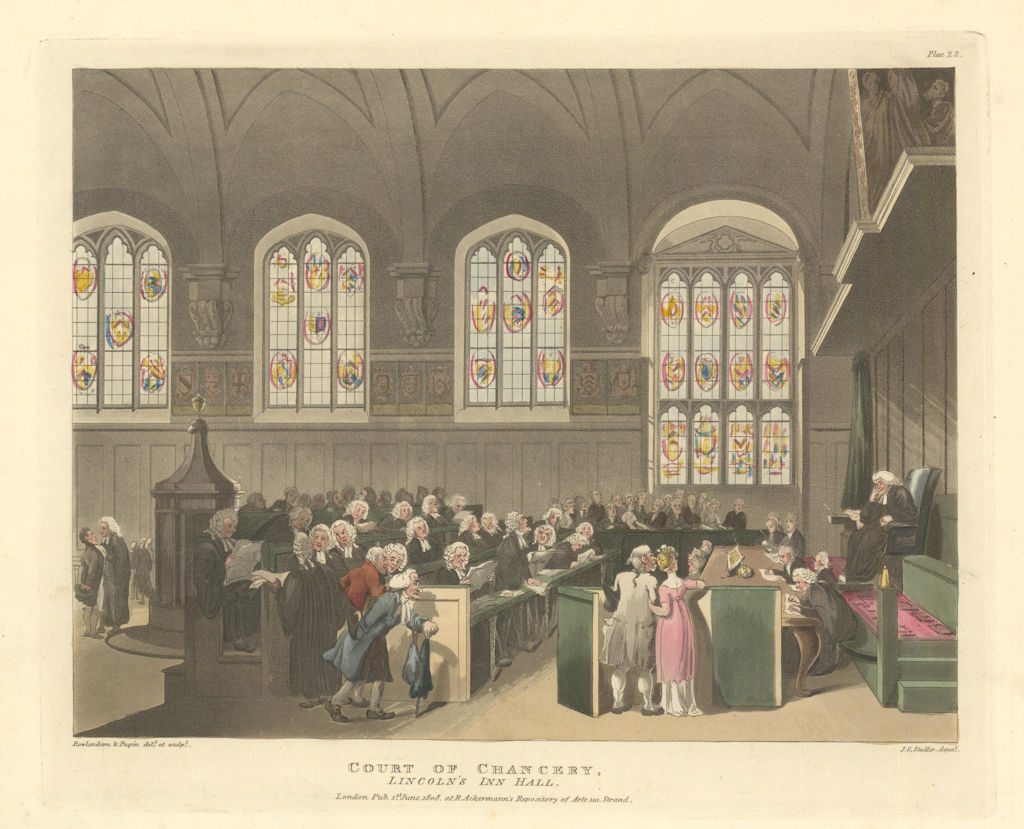 Court of Chancery, Lincoln's Inn Hall. Pugin/Rowlandson/Ackermann aquatint 1808