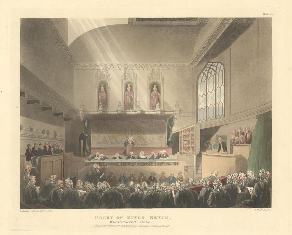 Court of Kings Bench, Westminster Hall. Pugin/Rowlandson/Ackermann aquatint 1808