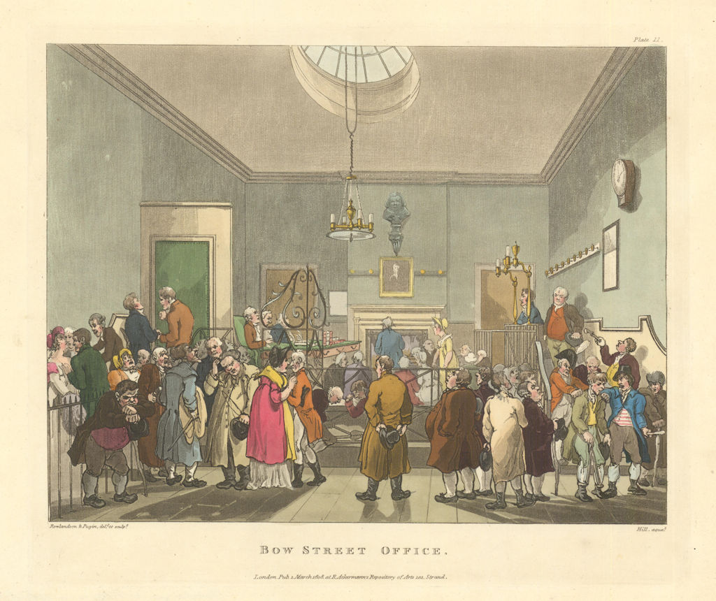 Bow Street Office. Aquatint by Pugin/Rowlandson/Ackermann 1808 old print