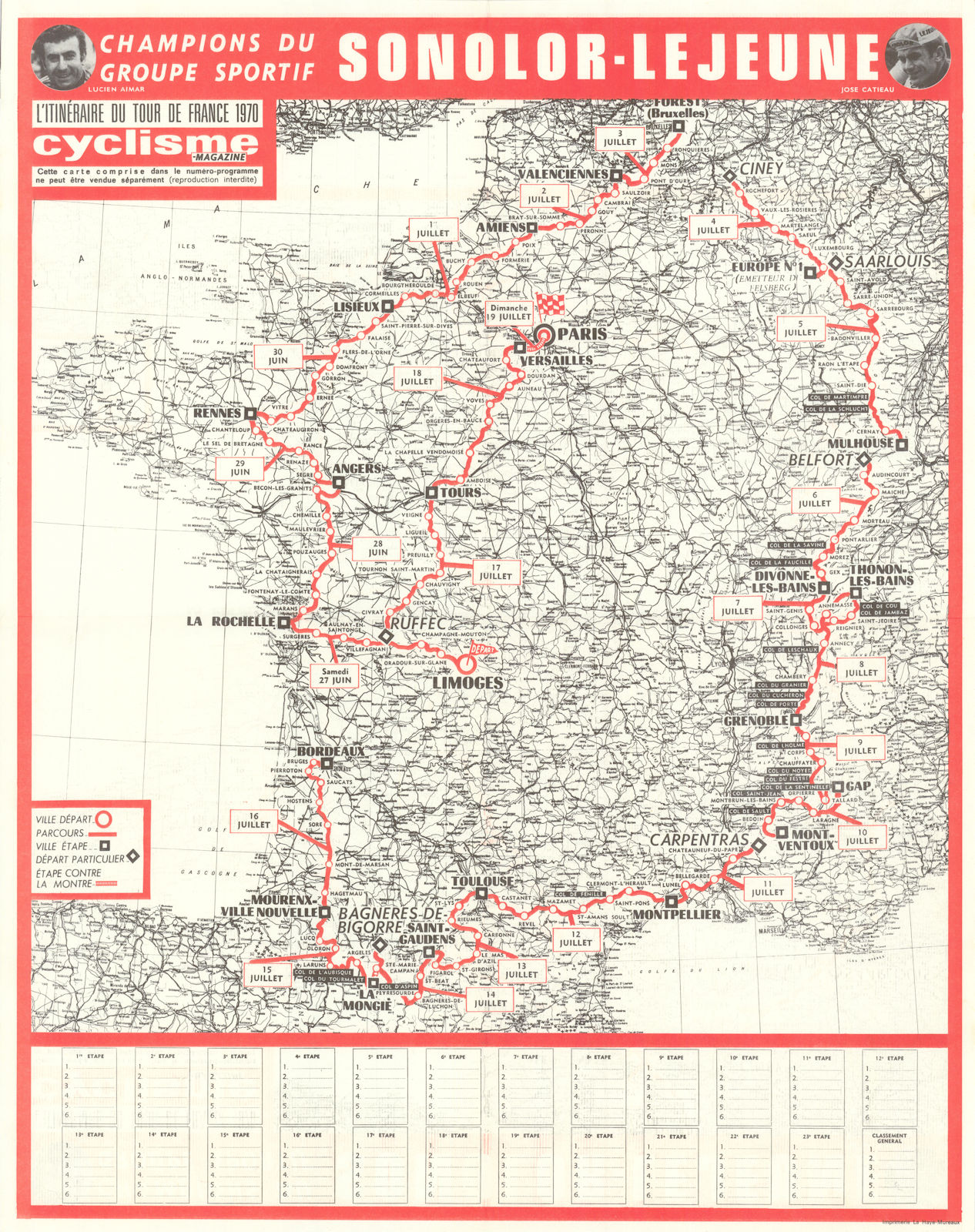 L'Itinéraire des Tours de France - Le Miroir des Sports. Route map 54x43cm 1970