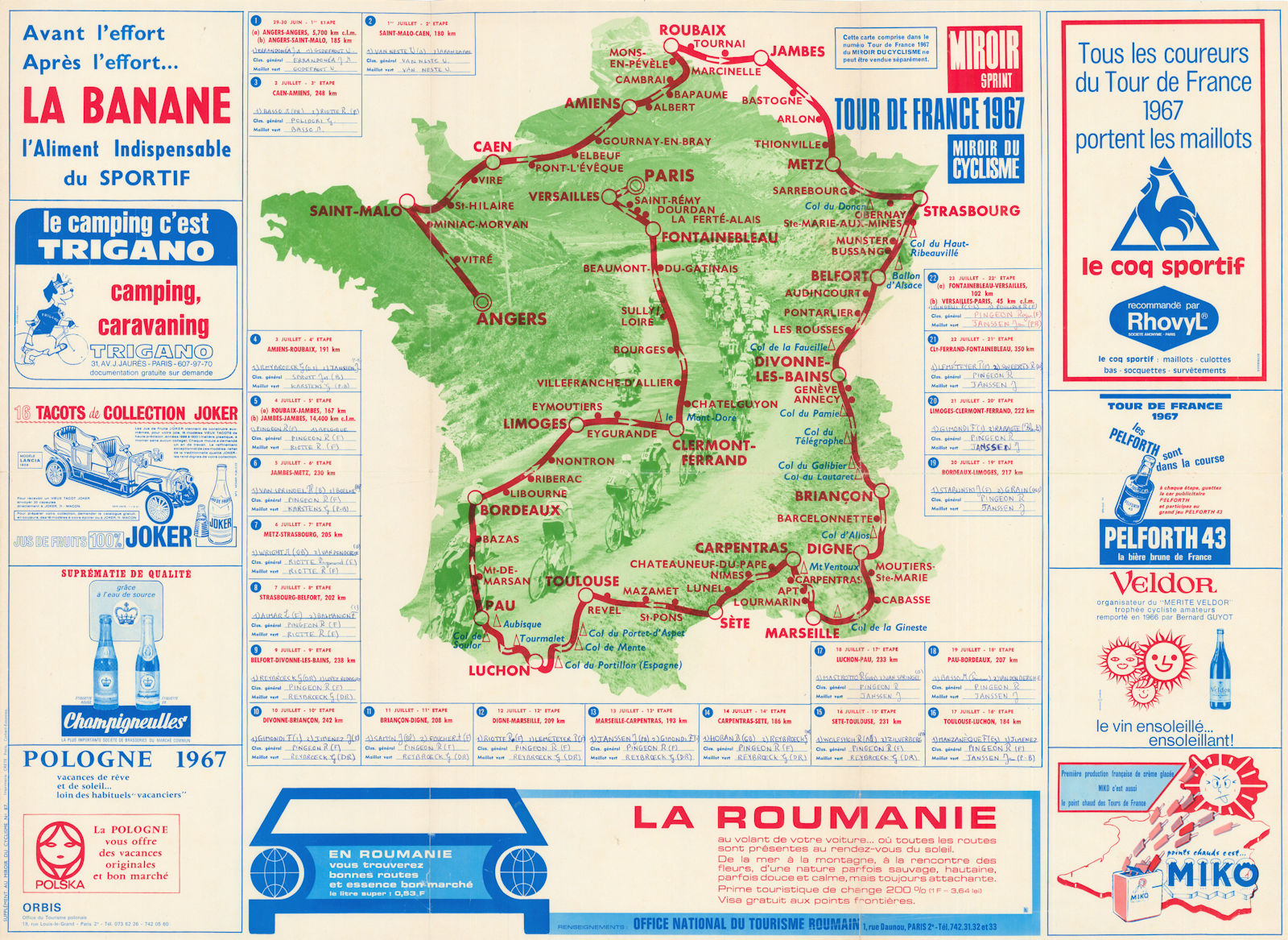 Tour de France - Miroir du Cyclisme. Cycling route poster map 65 x 55 cm 1967