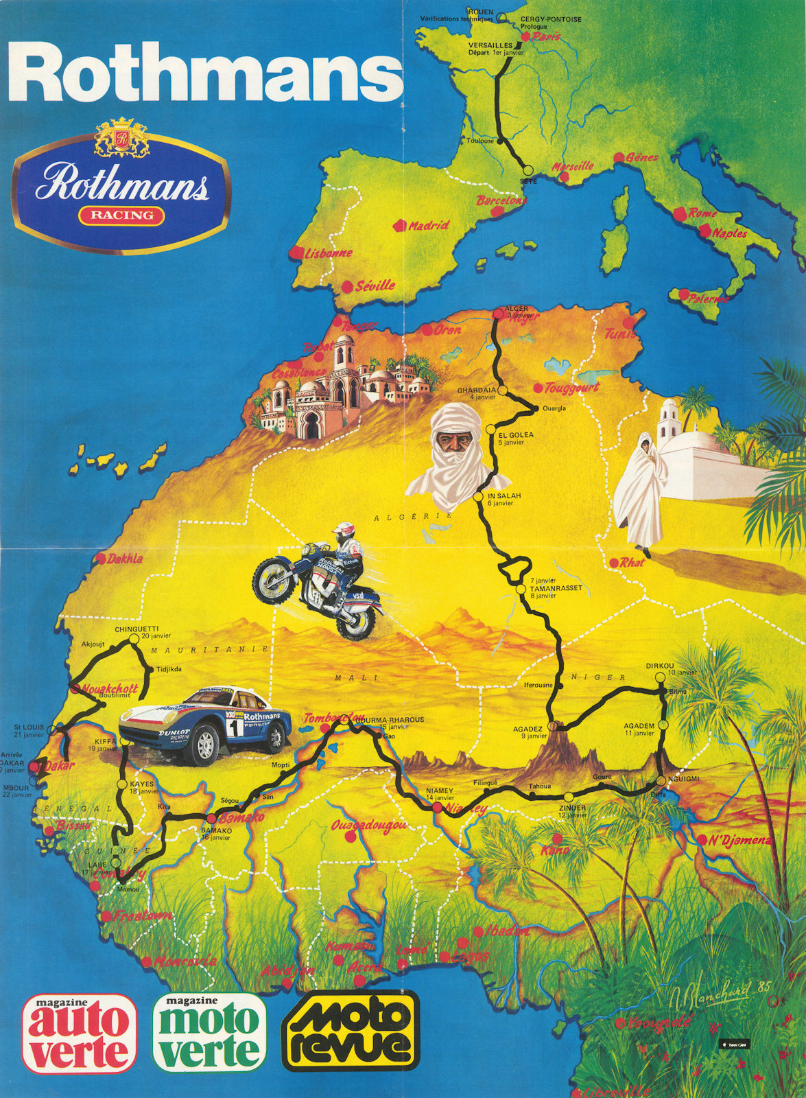 Rothmans Racing Paris-Dakar Rally route poster map. Blanchard 56 x 41cm 1986