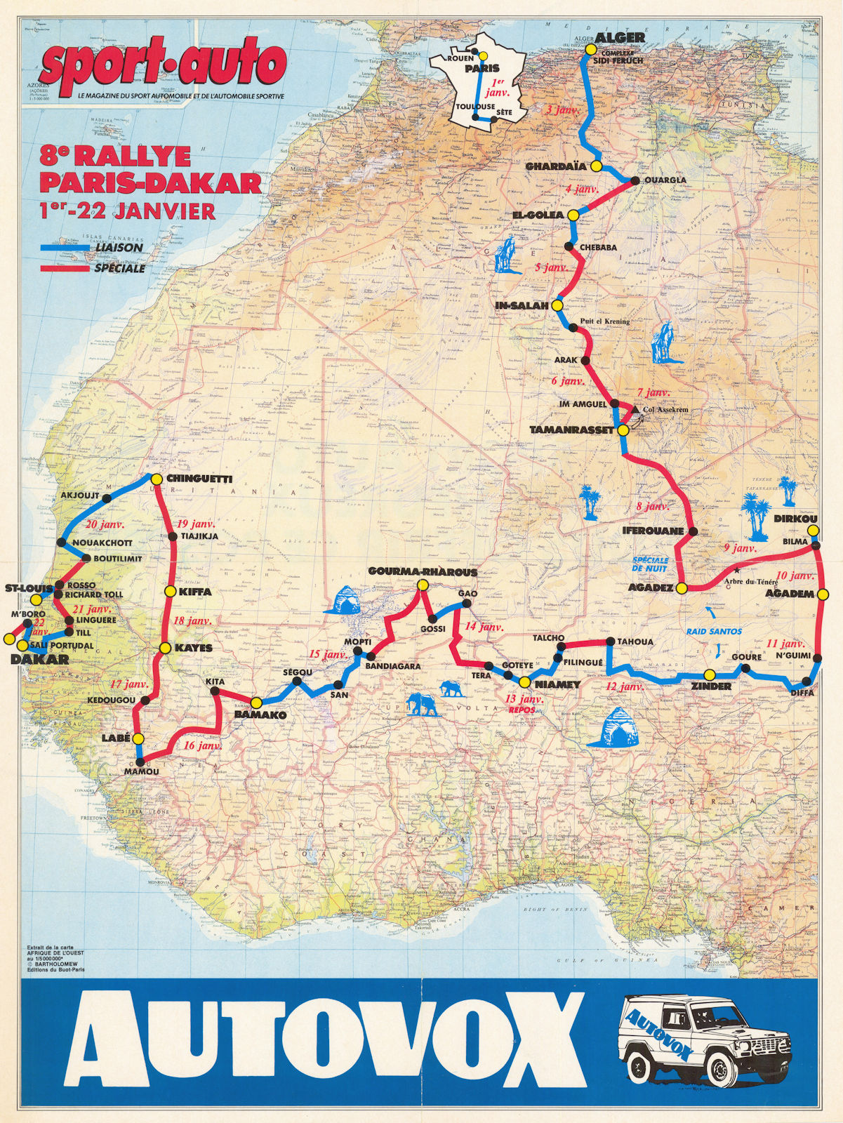 Sport-Auto 8e Rallye Paris-Dakar - Autovox. 56 x 42 cm poster route map 1986