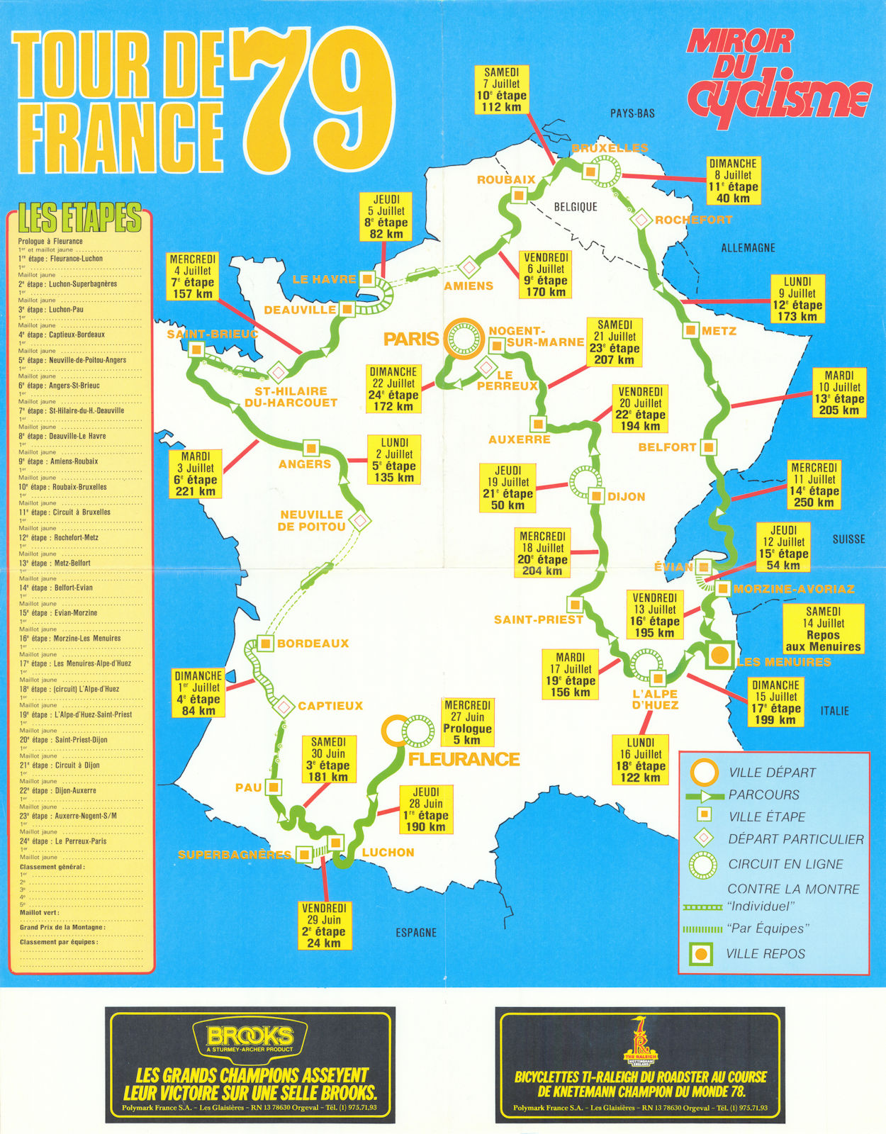 Tour de France - Miroir du Cyclisme. Cycling route poster map 58x45cm 1979