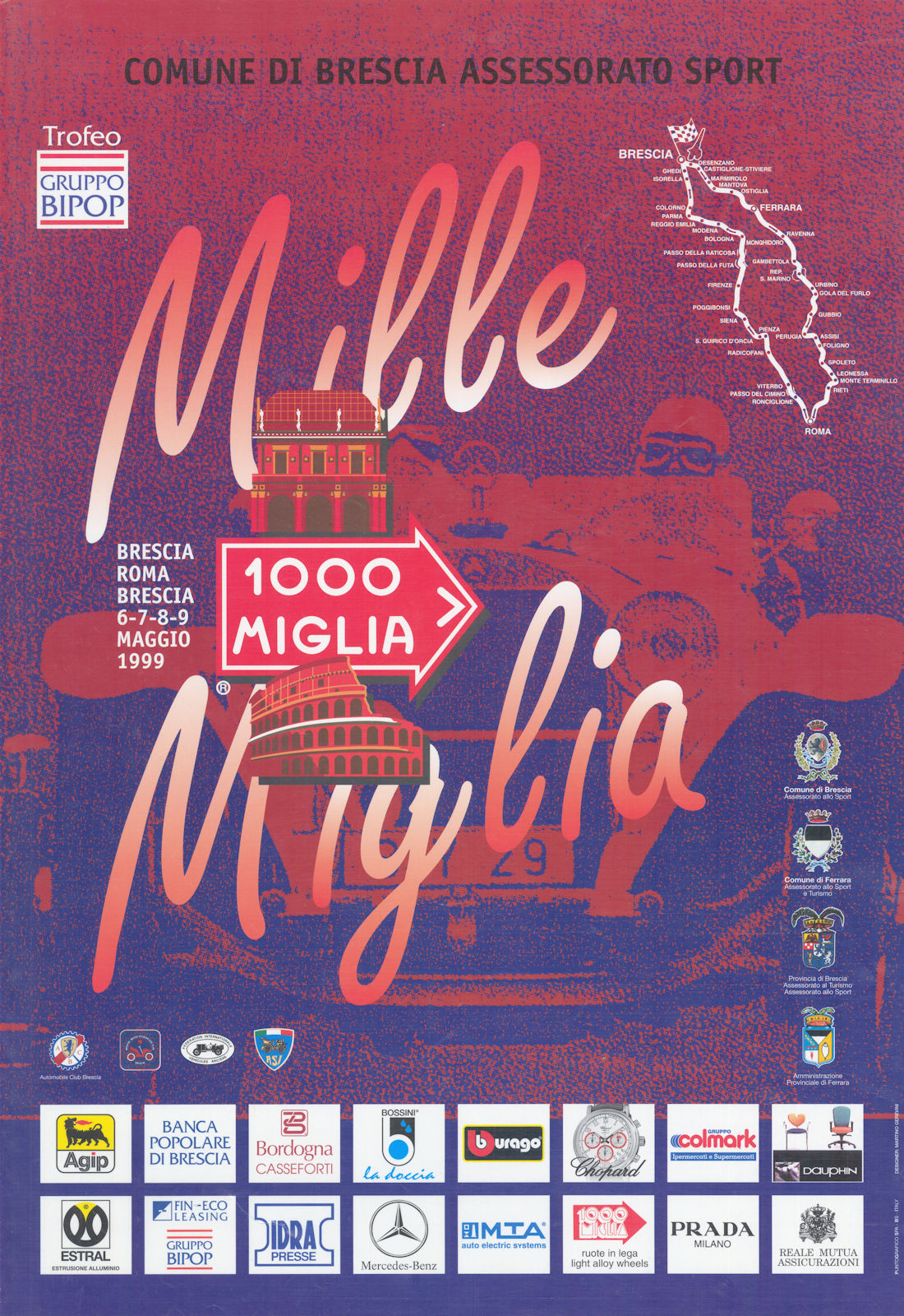 1000 Miglia / Mille Miglia road race poster map. Brescia, Italy. 49 x 34 cm 1999