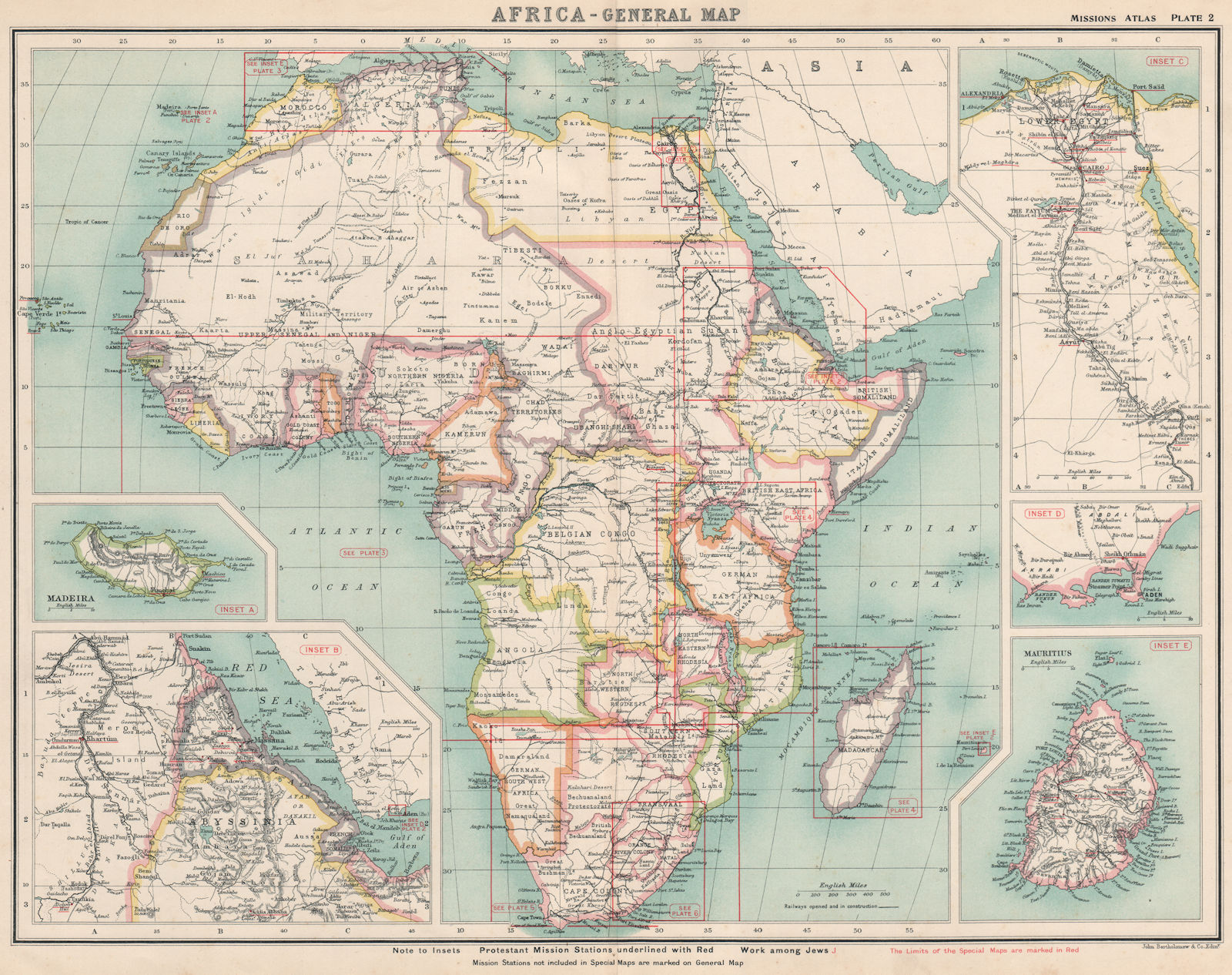 AFRICA Egypt Madeira Eritrea Aden Mauritius Protestant Mission Stations 1911 map