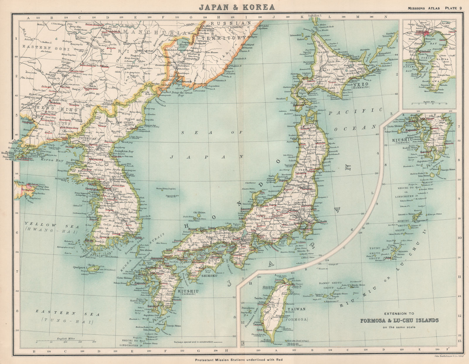 JAPAN & KOREA PROTESTANT MISSION STATIONS. Christian Missionary work 1911 map
