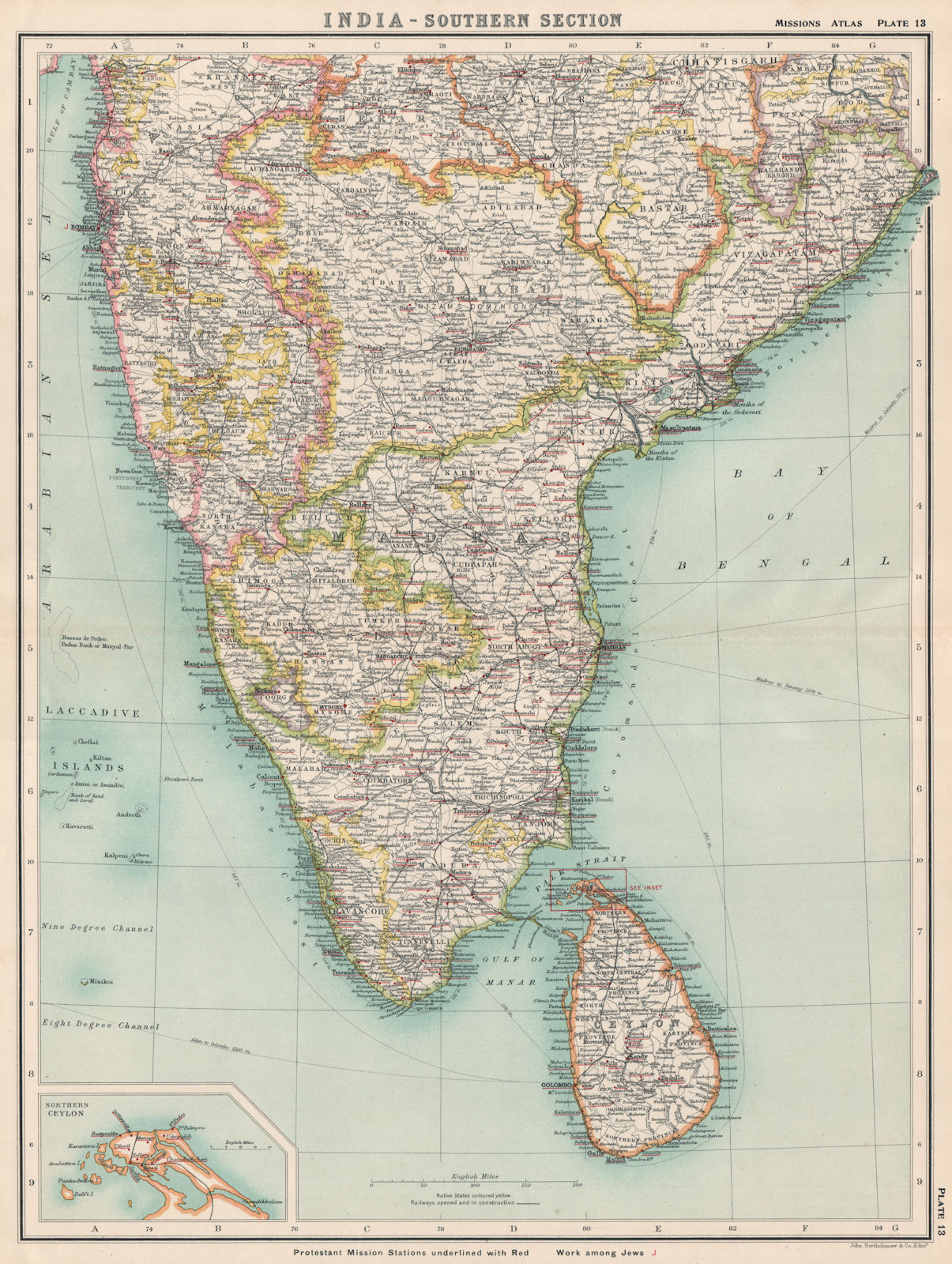 SOUTHERN BRITISH INDIA & CEYLON. Protestant Mission Stations. Sri Lanka 1911 map