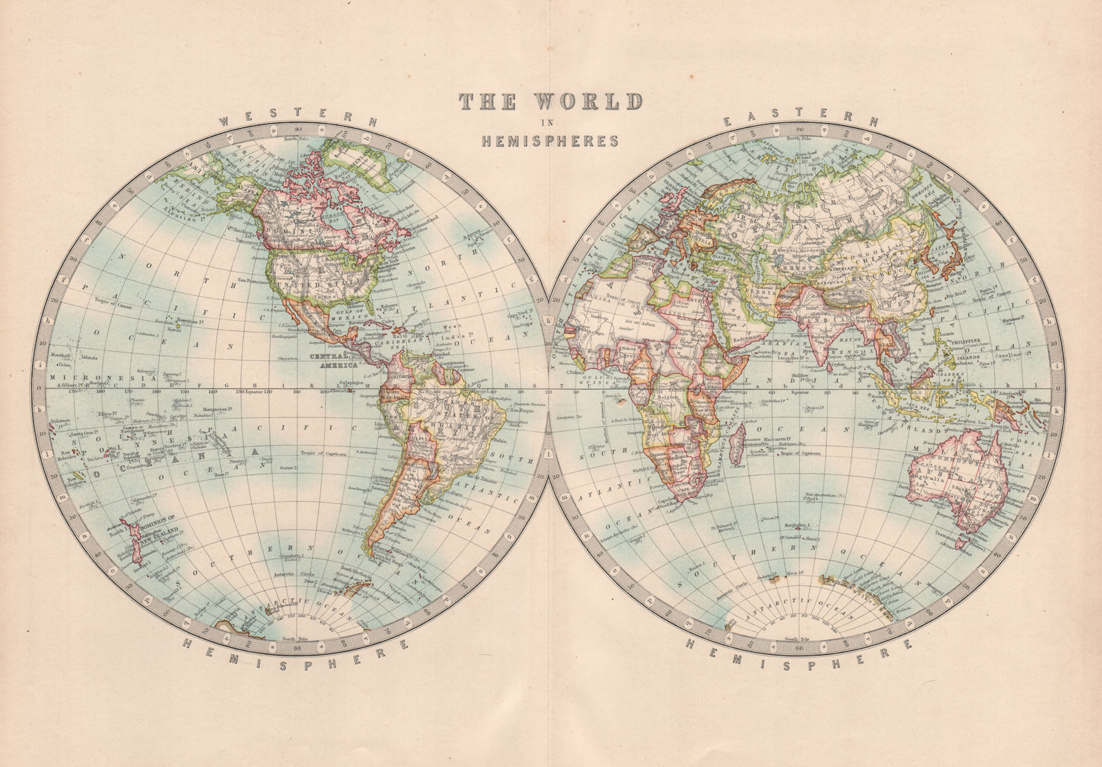 WORLD IN TWIN HEMISPHERES. Western & Eastern Hemispheres. JOHNSTON 1912 map