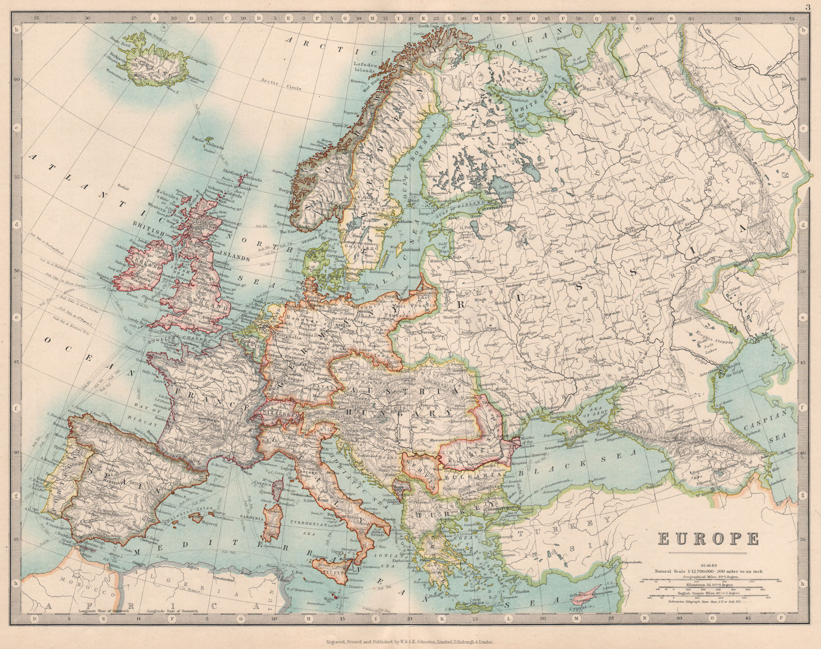 EUROPE shown just before the First World War. JOHNSTON 1912 old antique map