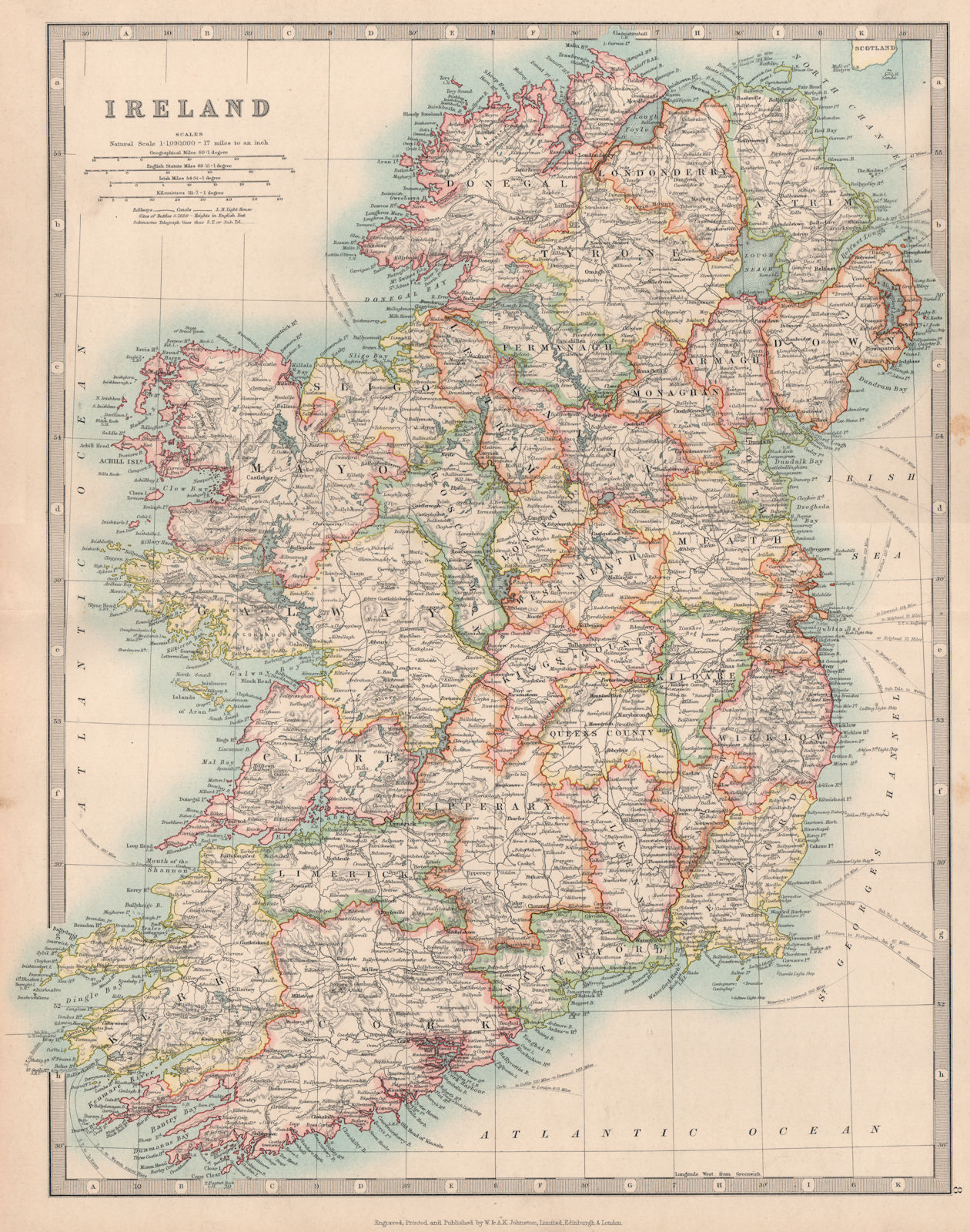 IRELAND showing battlefields and dates. JOHNSTON 1912 old antique map chart