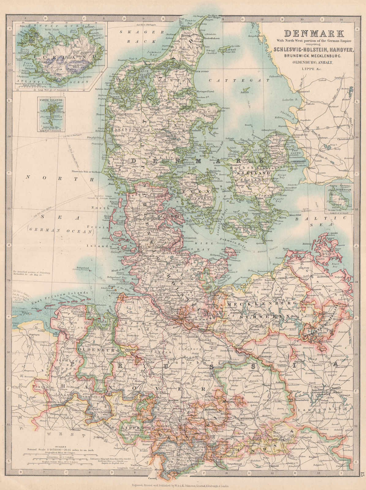 DENMARK & NORTHERN GERMANY. Schleswig-Holstein Hanover. JOHNSTON 1912 old map