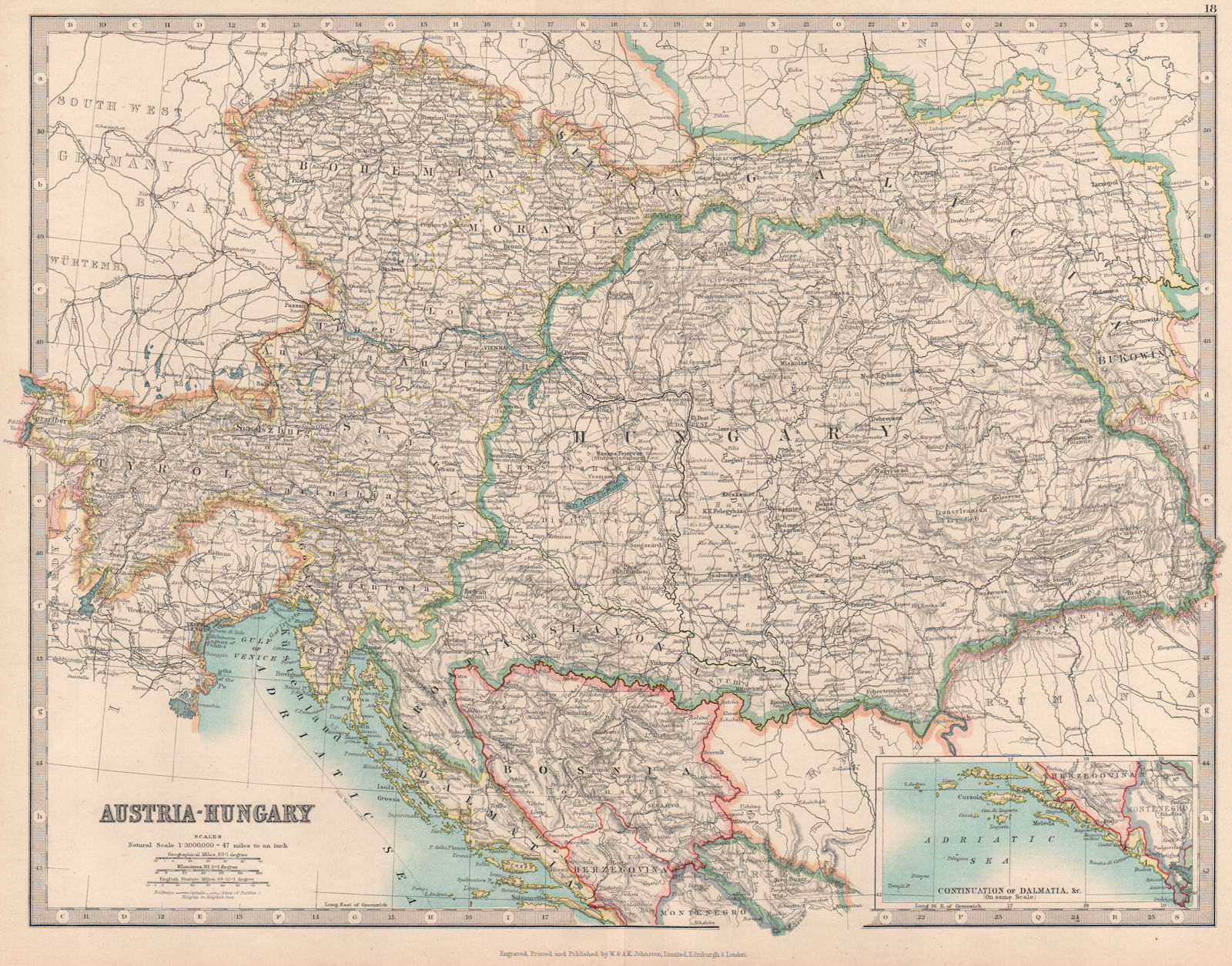 AUSTRIA-HUNGARY. Dalmatian coast. Bosnia. Railways. JOHNSTON 1912 old map