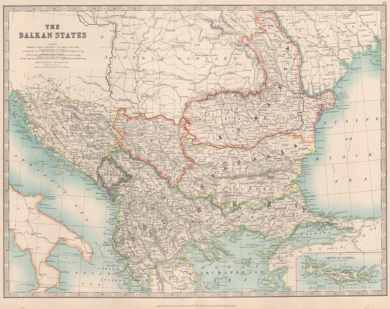 BALKAN STATES. Eastern Roumelia. Turkish Crete. Bulgaria. JOHNSTON 1912 map