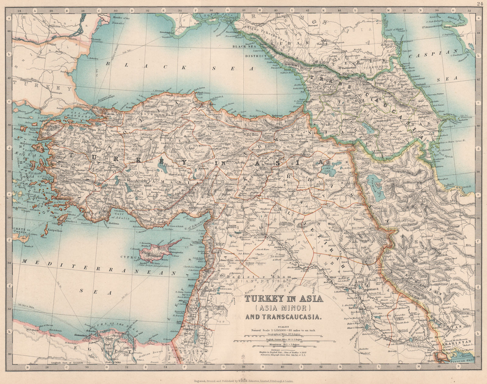 TURKEY IN ASIA & TRANSCAUCASIA. Asia Minor Georgia Armenia. JOHNSTON 1912 map