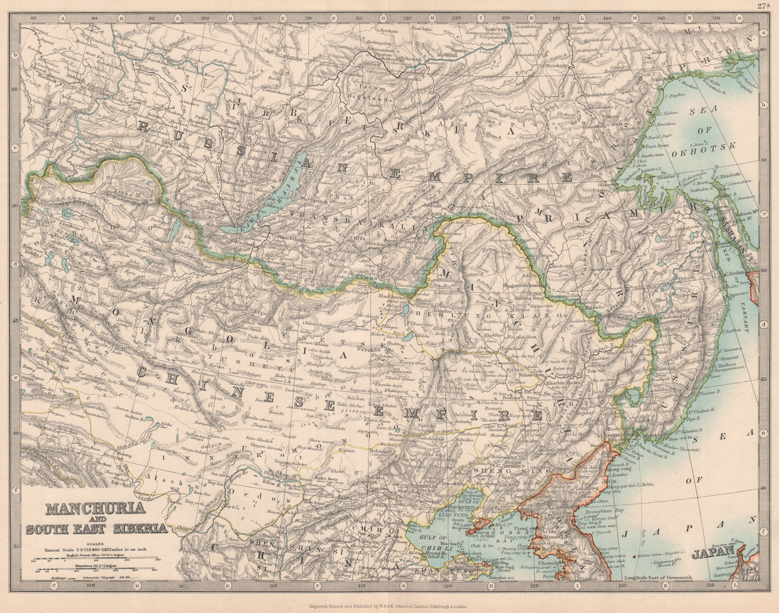 MANCHURIA & SOUTH EAST SIBERIA Mongolia China Russia East Asia JOHNSTON 1912 map