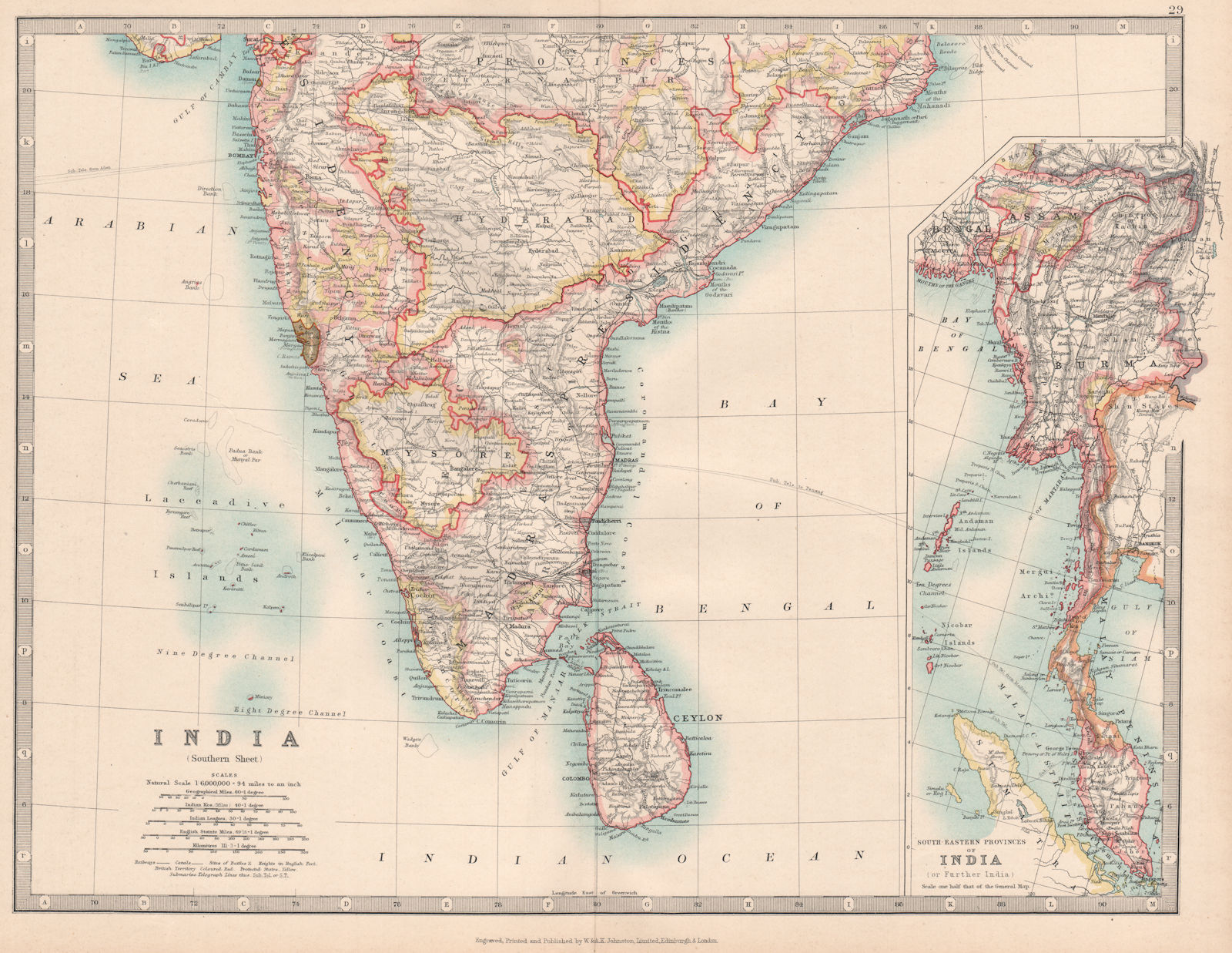 Associate Product SOUTH BRITISH INDIA & BURMA with battlefields & dates. Ceylon. JOHNSTON 1912 map
