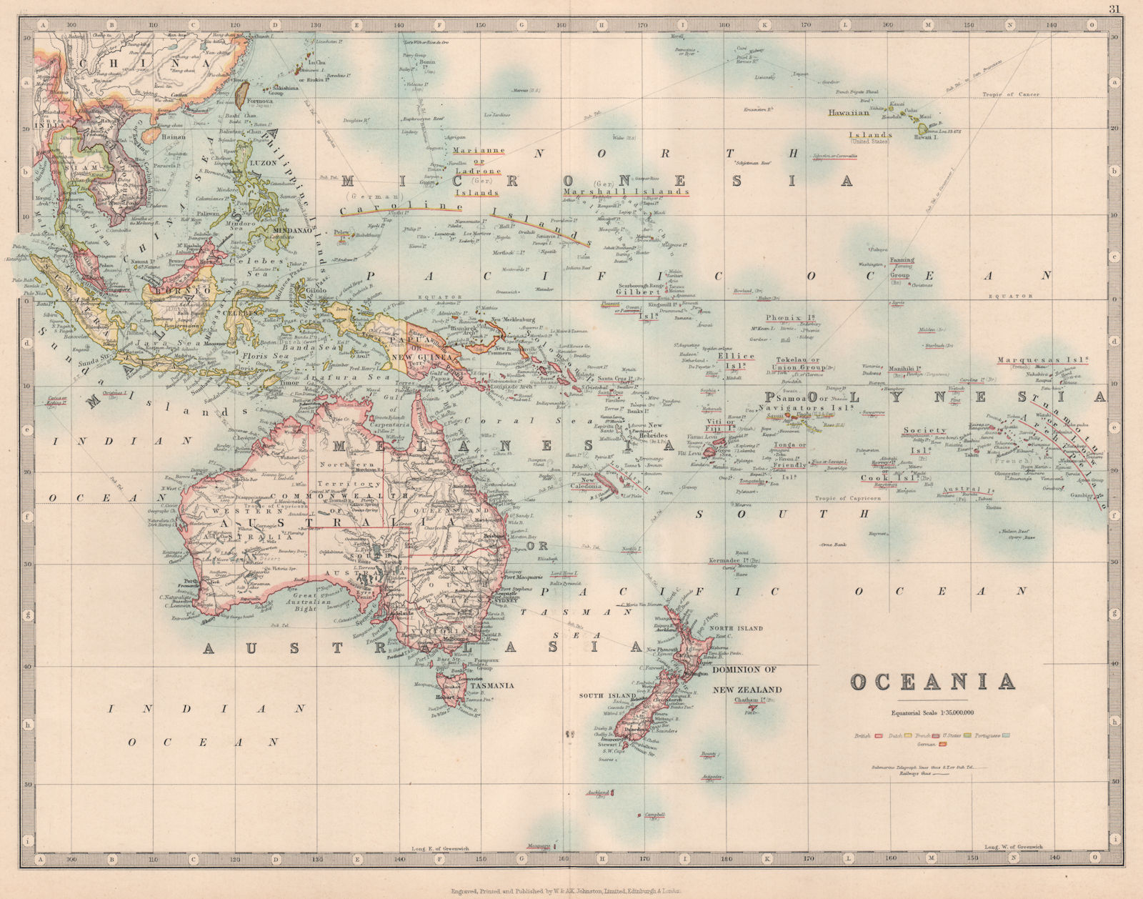 OCEANIA Australia New Zealand East Indies Polynesia Micronesia JOHNSTON 1912 map