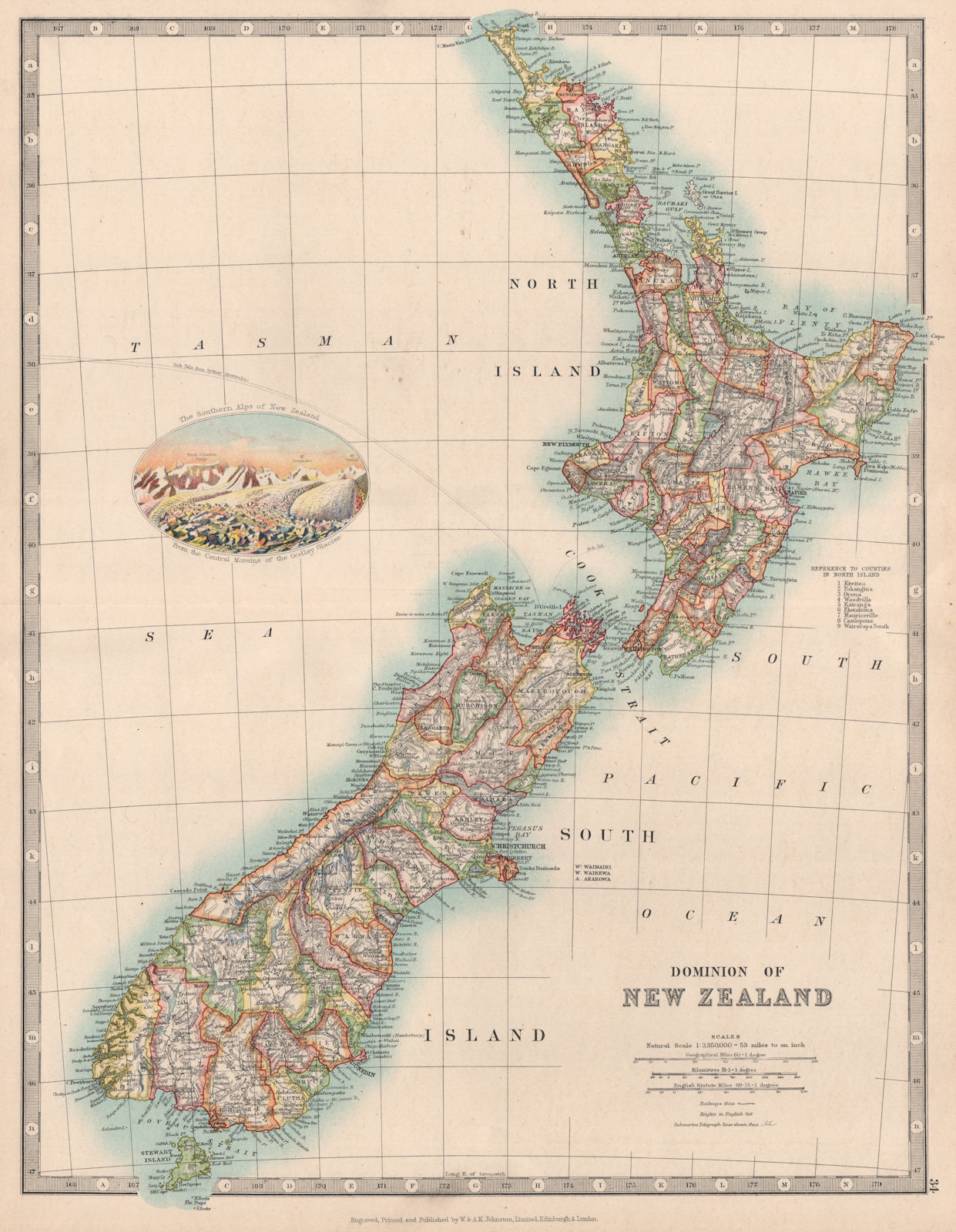 DOMINION OF NEW ZEALAND in counties. Godley Glacier vignette. JOHNSTON 1912 map