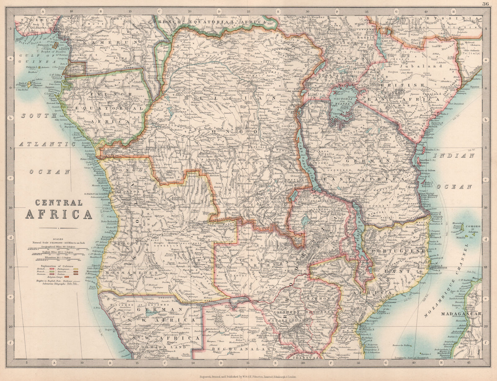 COLONIAL CENTRAL AFRICA. Kenya Tanzania Belgian Congo Angola. JOHNSTON 1912 map