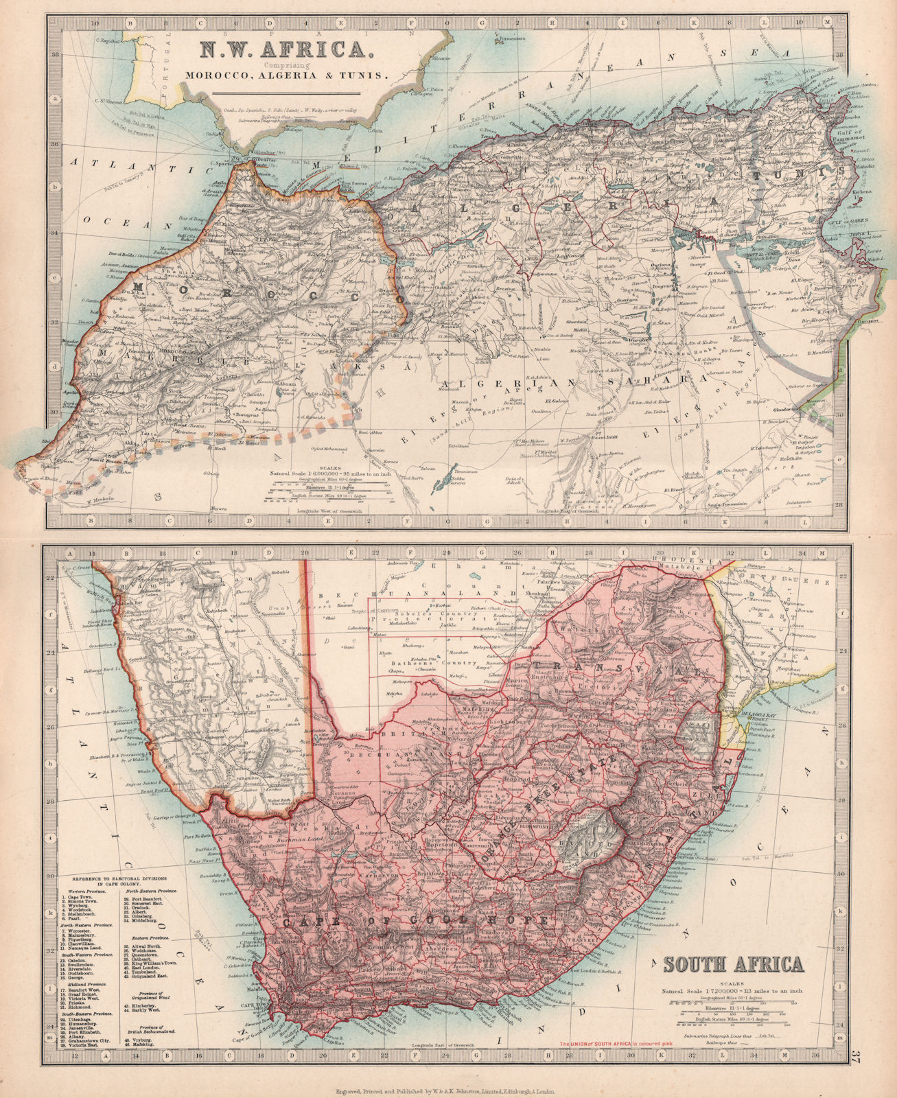 Associate Product MAGHREB & UNION OF SOUTH AFRICA. Morocco Algeria & Tunisia. JOHNSTON 1912 map