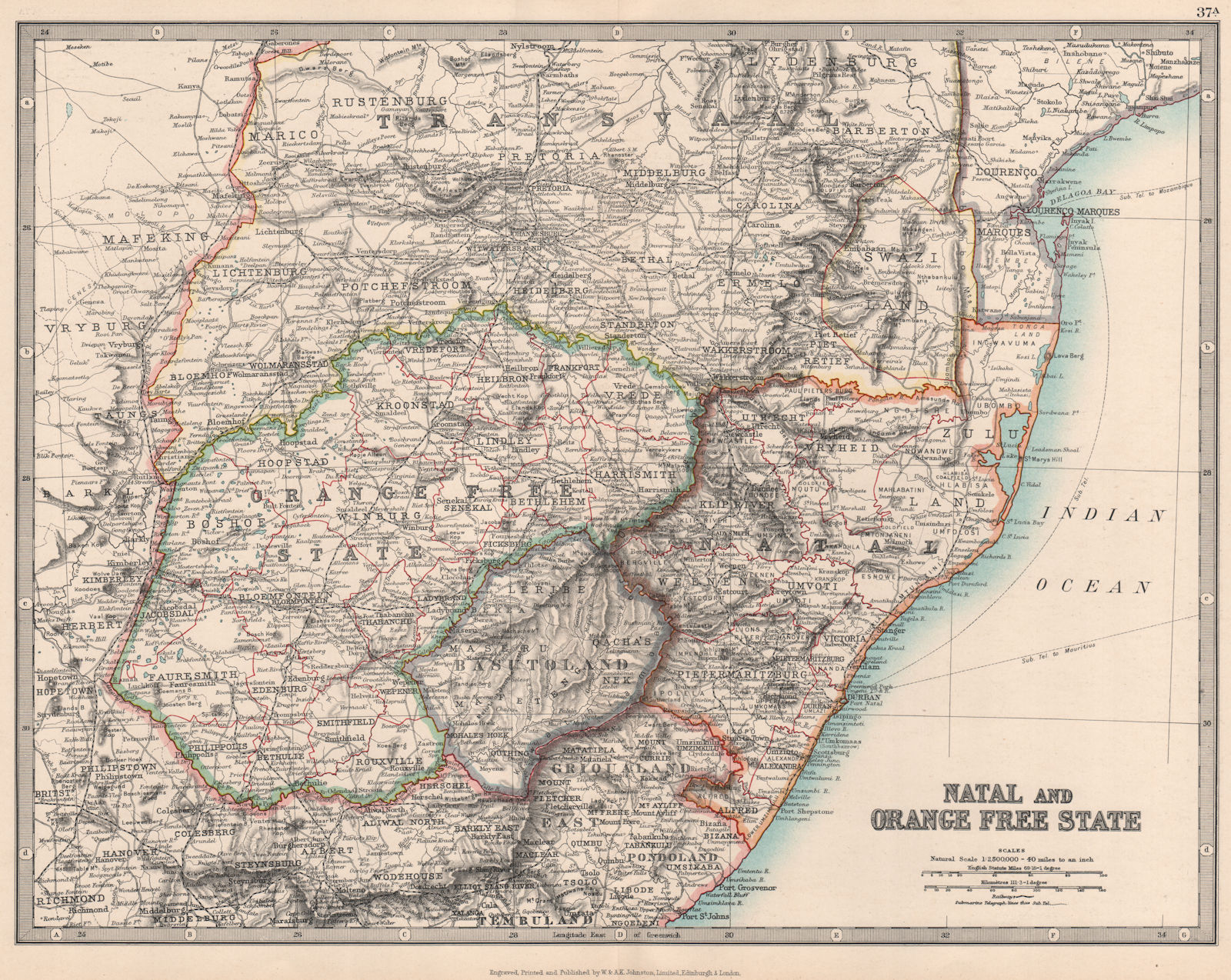 Associate Product NATAL & ORANGE FREE STATE. South Africa. Transvaal. Railways. JOHNSTON 1912 map