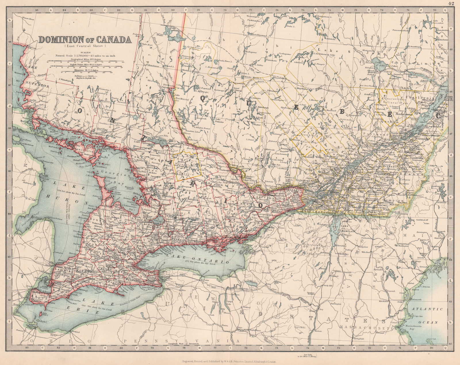 QUEBEC & ONTARIO. Lake Huron Lake Erie Lake Ontario. Canada. JOHNSTON 1912 map